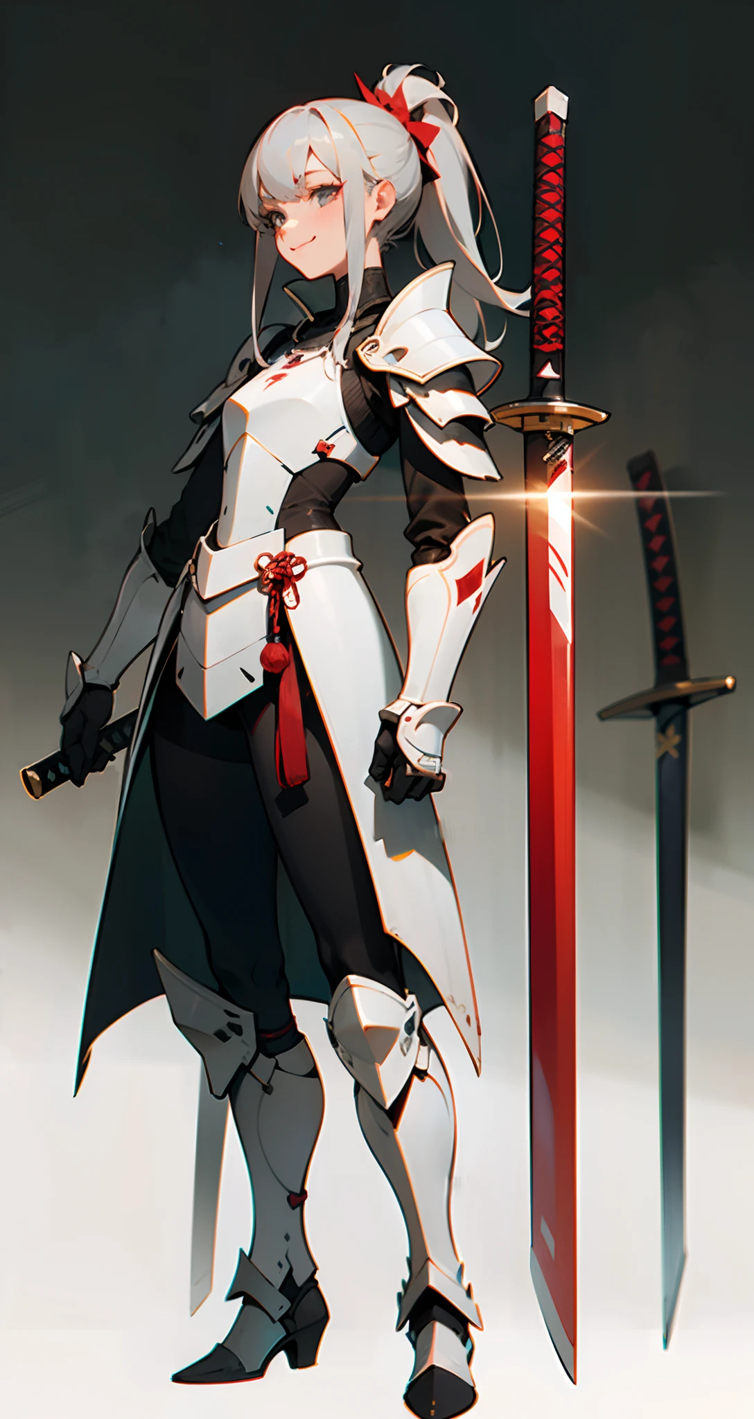 Tall woman in white futuristic armor with red lines, Iron tight-fitting armor on the arms, Square flat shoulder pads, Armor covers the whole body, Long katana in hand, Red Katana Blade, Young face, Gray hair tied in a ponytail, sword in arm, ConceptArt, gray background, in full height, An evil smile on his face, 1 girl