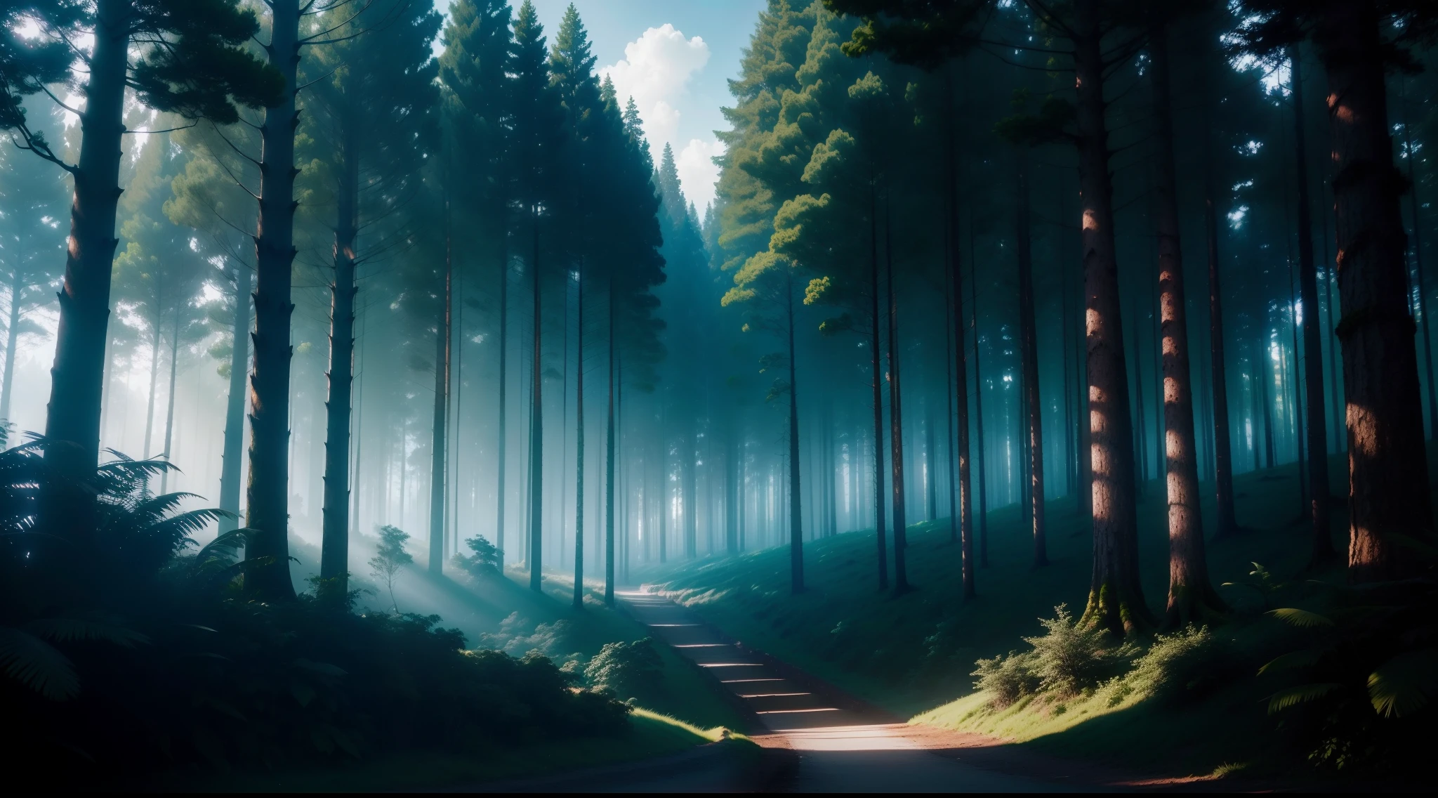 (extremamente detalhado, obra-prima, melhor qualidade), Improved lighting, sombras intensas, uma paisagem noturna misteriosa na floresta, atmosfera envolvente, folhagem densa, towering trees, dim lights filtered through the treetops