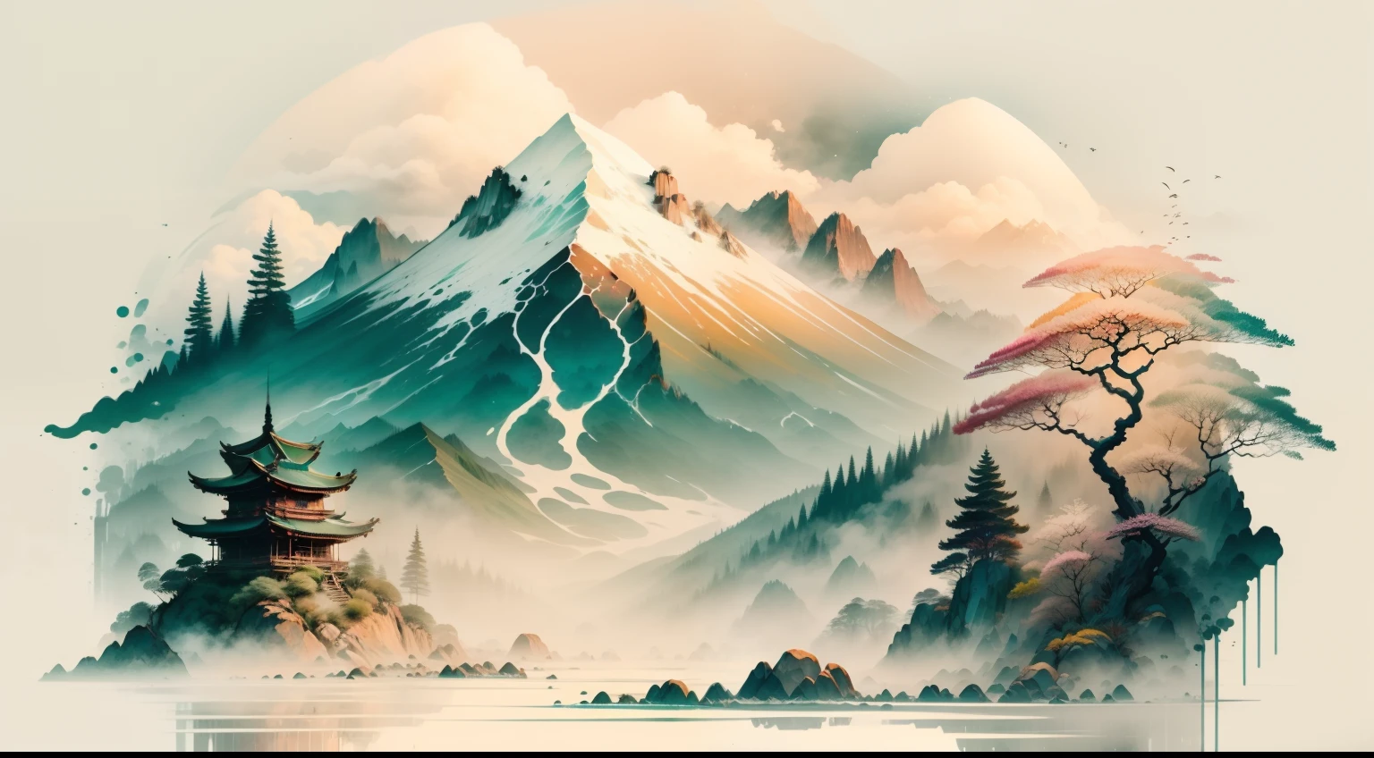 mont，Eau，the trees，White clouds，Ink wind，chinese paintings，（pastel colour：1.2）