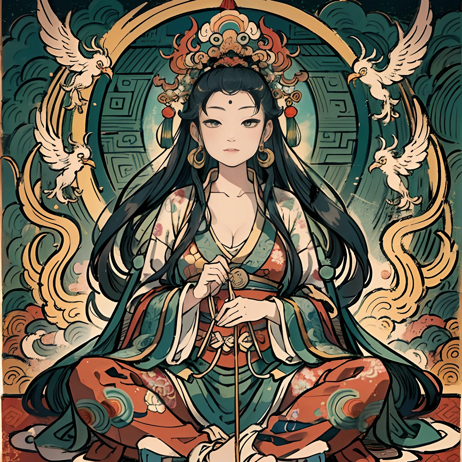 an ancient Chinese goddess, guanyin of the southern seas, Guanyin, Inspired by India, Avalokiteshvara rides the phoenix，,Serene expression,shui mo hua,Buddha,Buddhist,Lotus,Chinese painting style,Thangka style