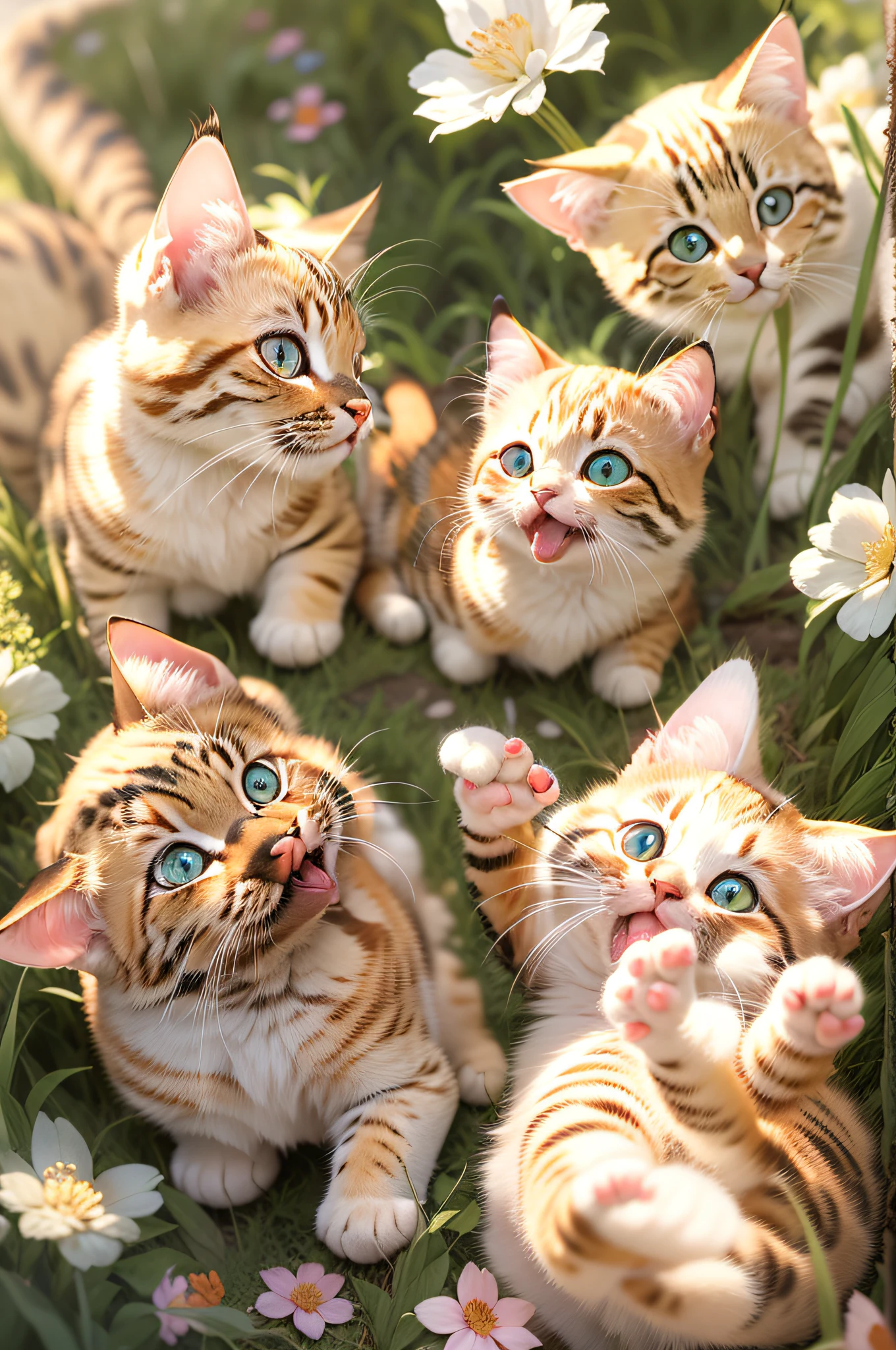 Three cute little kittens, Play with a flock of butterflies in the garden, One of the kittens still had a butterfly on his finger, There are dried fish in the grass that cats like to eat、chicken, blonde hair, heart-shaped pupils, cat ears, smile, tongue, tongue out, Surrealism, American propaganda poster, chiaroscuro, depth of field, film grain, stereogram, lens flare, UHD, ccurate, textured skin, super detail, high details, high quality, award winning, best quality, highres, 16k
