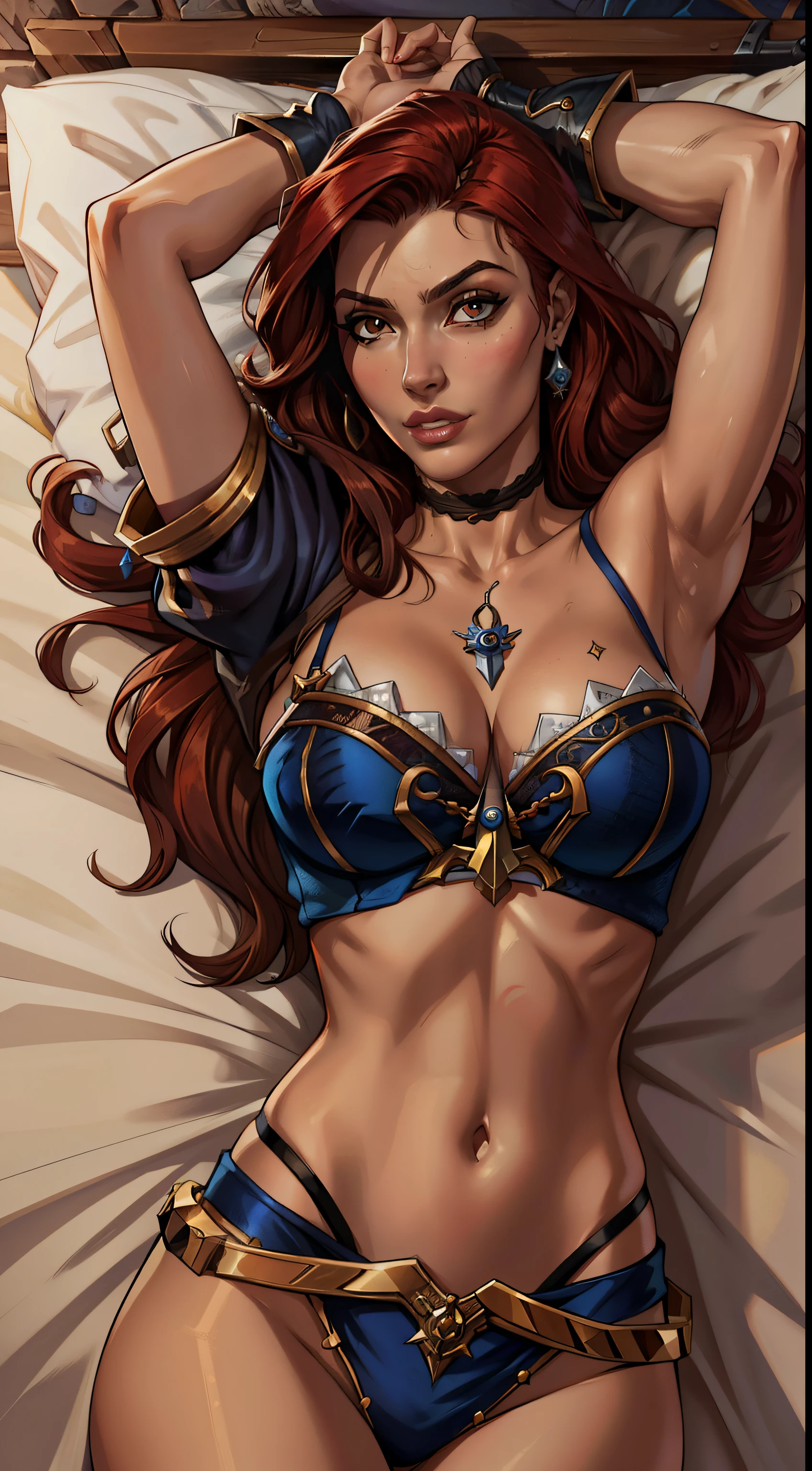 ((melhor qualidade)), ((obra-prima)), ((realista)), (detalhado), pele altamente detalhada, 1girl , uma mulher pirata, uma mulher deitada na cama, com lingerie vermelha, cabelo longo, cabelo ondulado, MISS FORTUNE, LEAGUE OF LEGENDS, MISS FORTUNA, estilo artgerm, artgerm detalhado, pirata da classe swashbuckler, rainha pirata, Retrato bonito de Nami