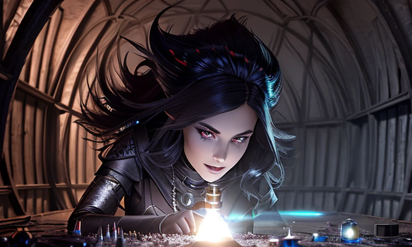 by Greg Rutkowski, modelshoot style, (extremely detailed CG unity 8k wallpaper), an evil beautiful witch is doing chemical experiments in an old abandoned medieval hut with black magic and a lot of alchemical test tubes, dark fantasy style, masterpiece, highest quality, lens flare, shade, bloom, [[chromatic aberration]],  digital painting ,ultra-detailed ,  sharp focus, vivid colors