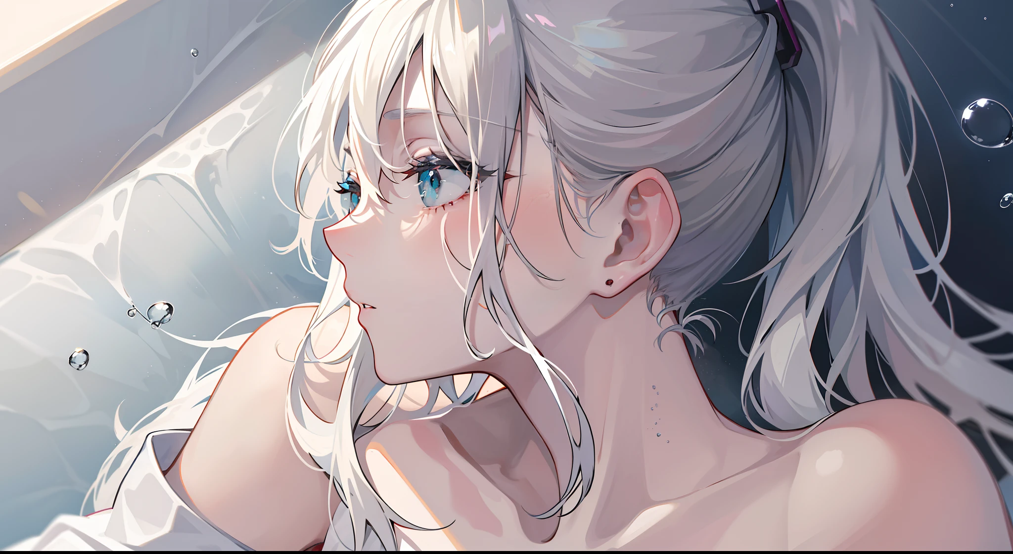 HighestQuali，Need，tmasterpiece，Completely naked，Lie down in bed，，white color hair，High ponytail，Welcoming environment，Water stains on the bed，Water stains on details，Ray traching