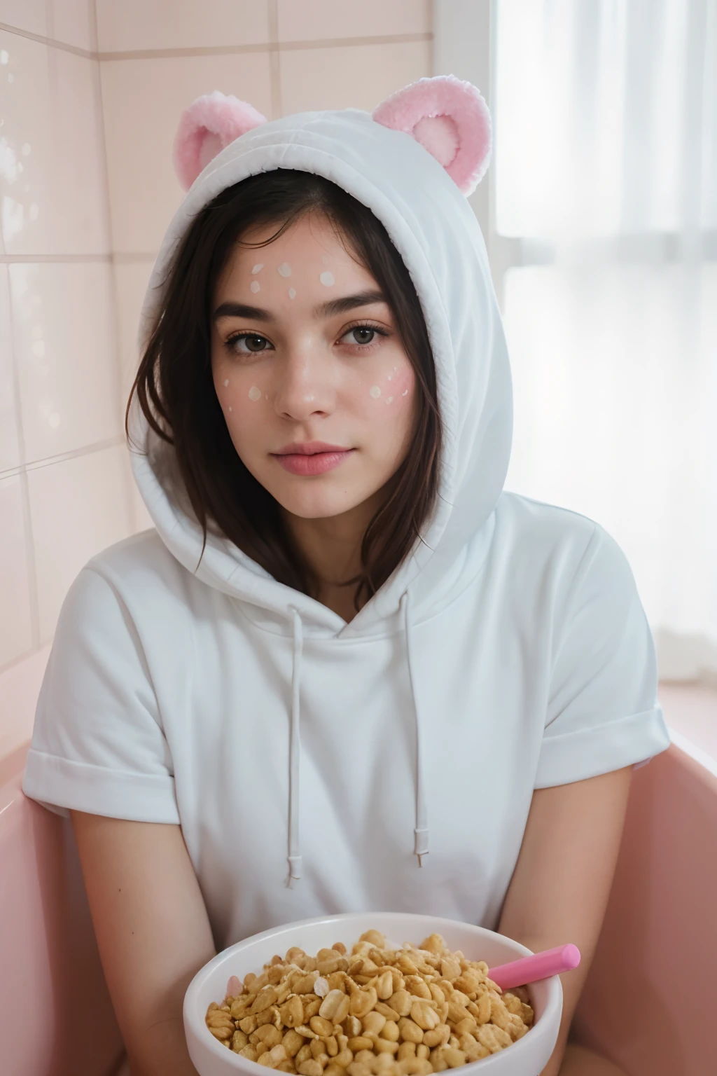 1girl, pastel colored soft lights, my cherry crush in a bathtub filled with cereal, face paint, hoodie, , 8k, RAW photo, best quality, masterpiece:1.2), (realistic:1.3), (photorealistic:1.3), ultra-detailed, (high detailed skin:1.2), 8k uhd, dslr, high quality, film grain, Fujifilm XT3, best quality, beautiful lighting, portrait