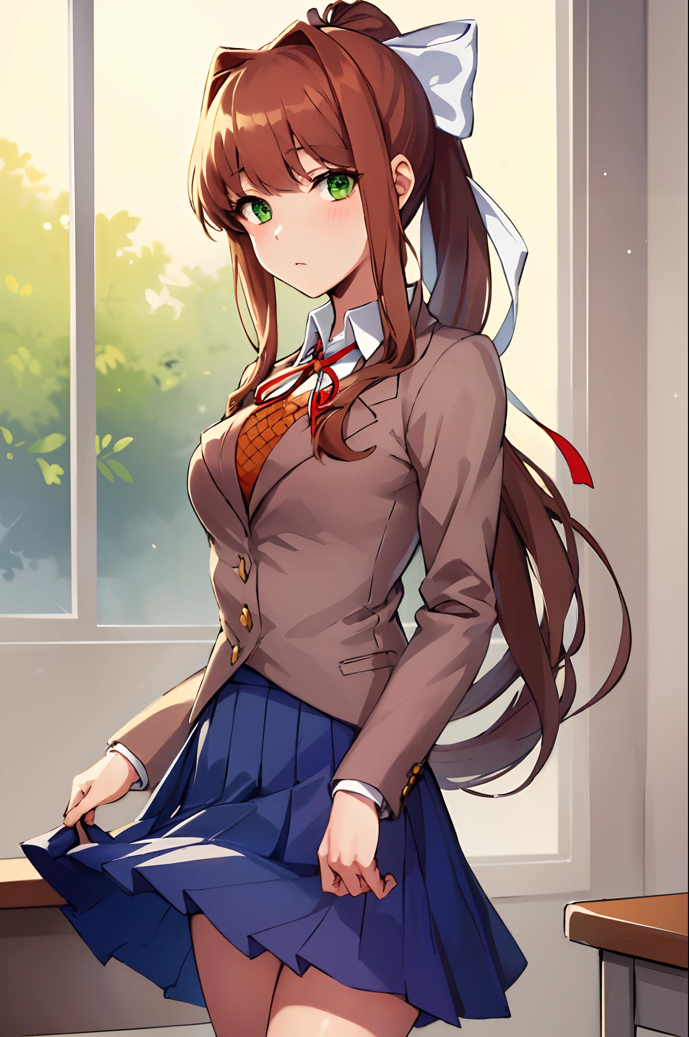 masterpiece, best quality, anime, highly detailed, 1girl, solo, school uniform, standing, classroom, monika, green eyes, brown hair, very long hair, ponytail, hair ribbon, white ribbon,