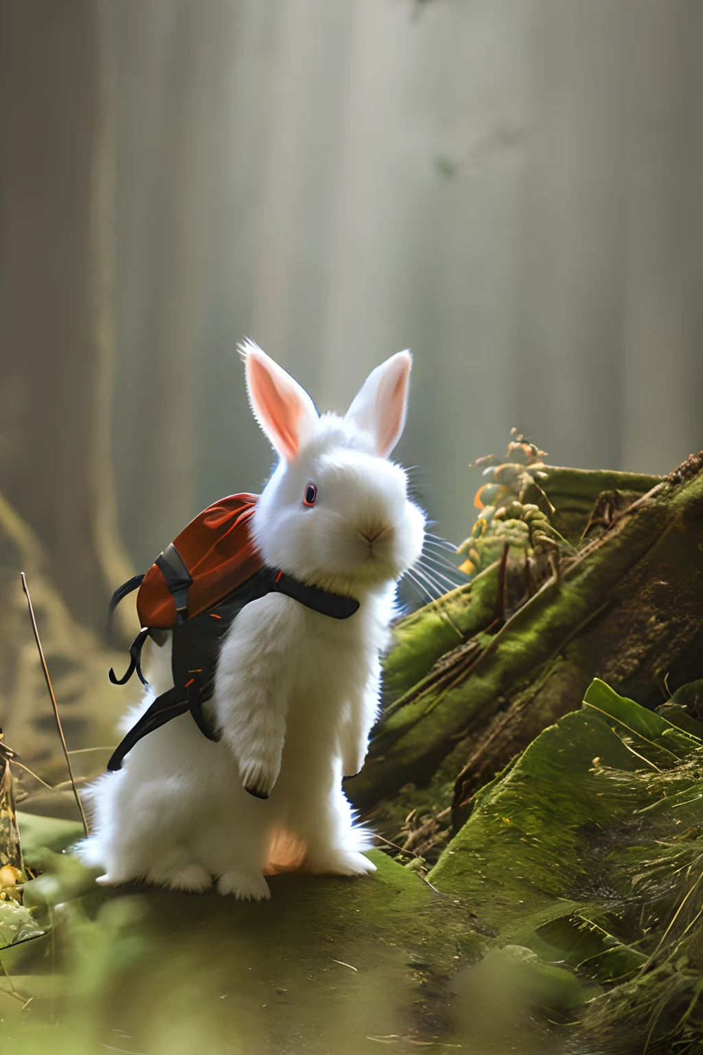 Classic negative portrait photo, fantasy video game character concept art, a cute white fluffy rabbit with a small brown leather backpack looking at a map hiking through the forest, dungeons and dragons, fantasy, river, haze, halo, Bloom, dramatic atmosphere, dark fantasy film of the 1970s, centered, rule of thirds