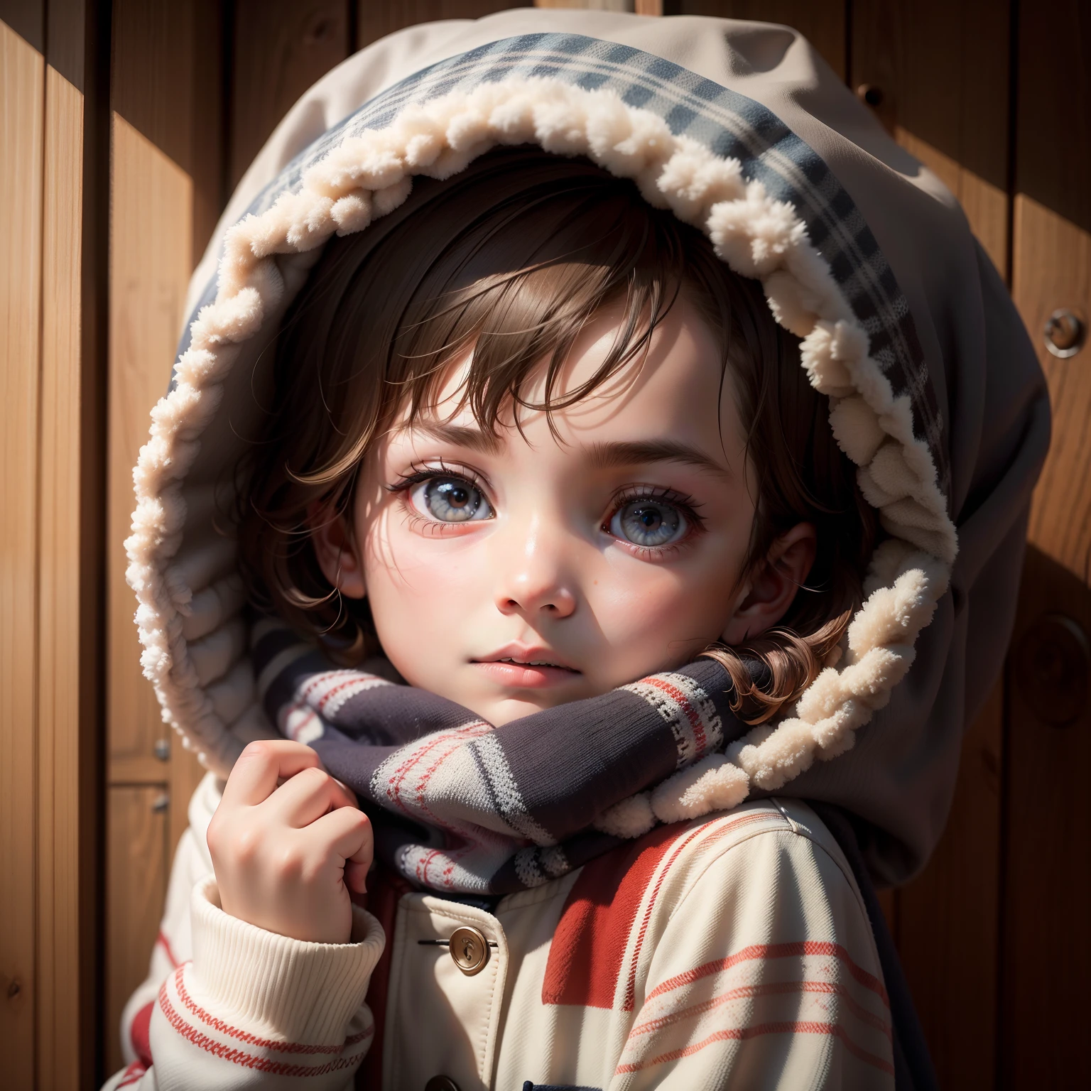 There is a boy inside a wooden cabin, 5 , winter clothes, Close up