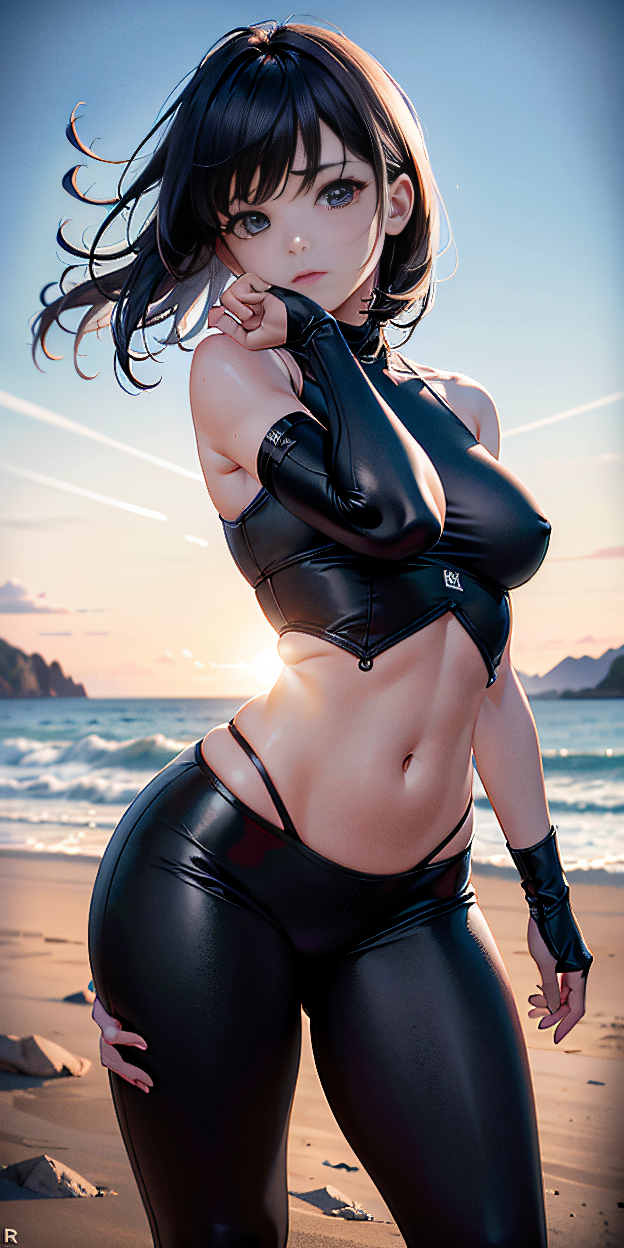 Vista de cuerpo entero, (obra maestra, mejor calidad, 8k, Altas Resoluciones: 1.2), (dramatic), arenisco, intenso, Personaje de anime, dynamic fighting pose, 1girl only, cabello negro oscuro, (Peinado atado), usar guantes, (Usando armadura futurista), Guanteletes blindados, con falda, Botas, Arte moderno, Cabello que cubre los ojos, closed fists, bosque, Cara hermosa, Hermosos ojos, colores vibrantes, Noche, highest quality digital art, Arte impresionante, Fondo de pantalla 4K, 8k, 64k, Disco duro, Obra maestra sin igual, cuerpo completo, dynamic lighting, Kinematic, epopeya, Disparo de vaquero, Detalles intrincados, Canon EOS R50 camera with Canon R50 RF-S 50mm IS STM lens