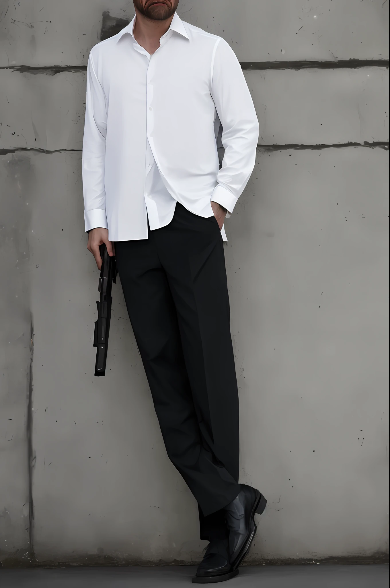 Long over-the-shoulder black hair，femele，Silver-gray glasses，The expression was serious，white  shirt，long black trenchcoat，There are metal hangings，Straight black suit pants，Martin boots，Hold a gun in one hand