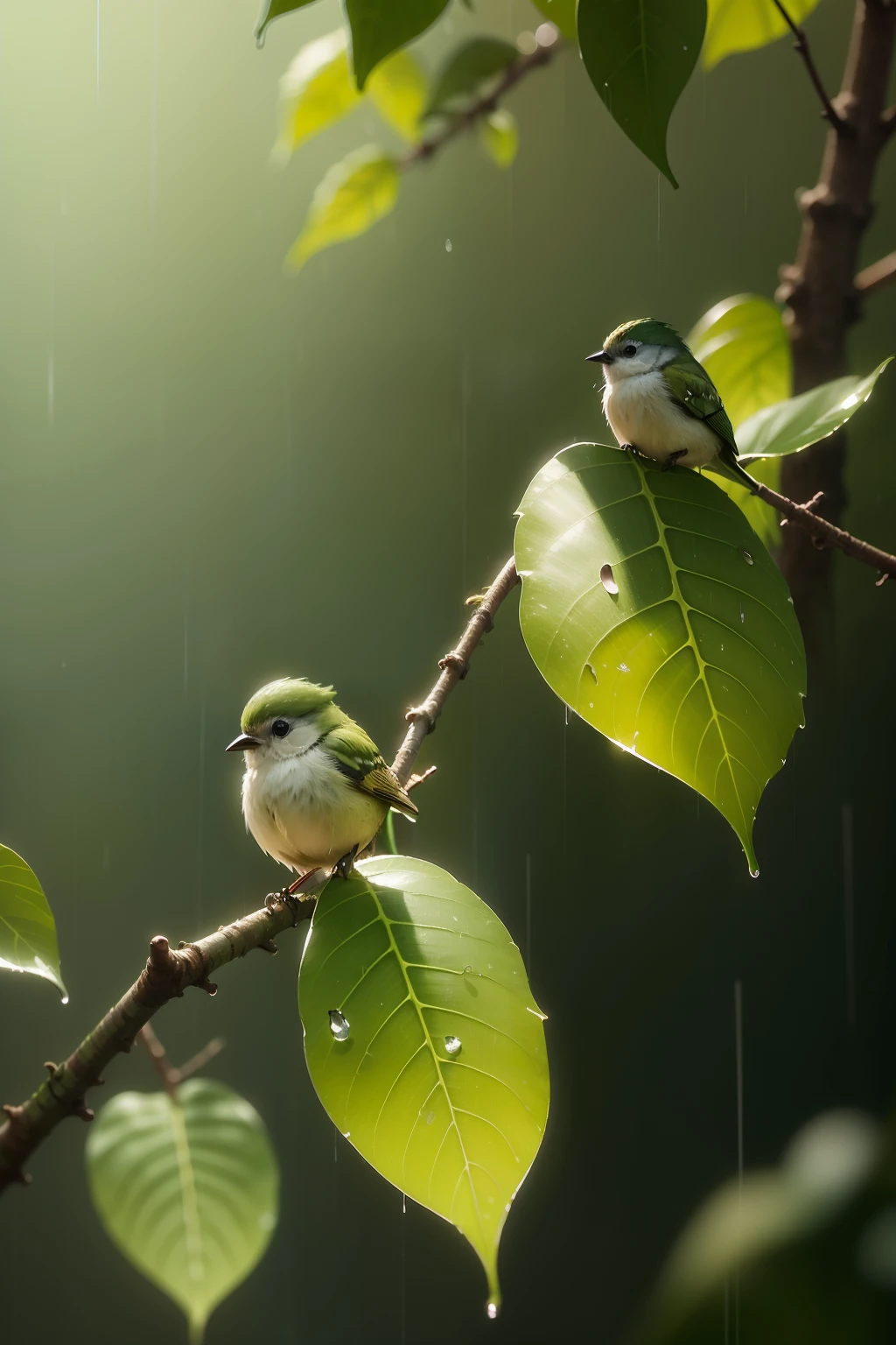 Early Morning Forest Little birds chirp Rain drops on the leaves of trees