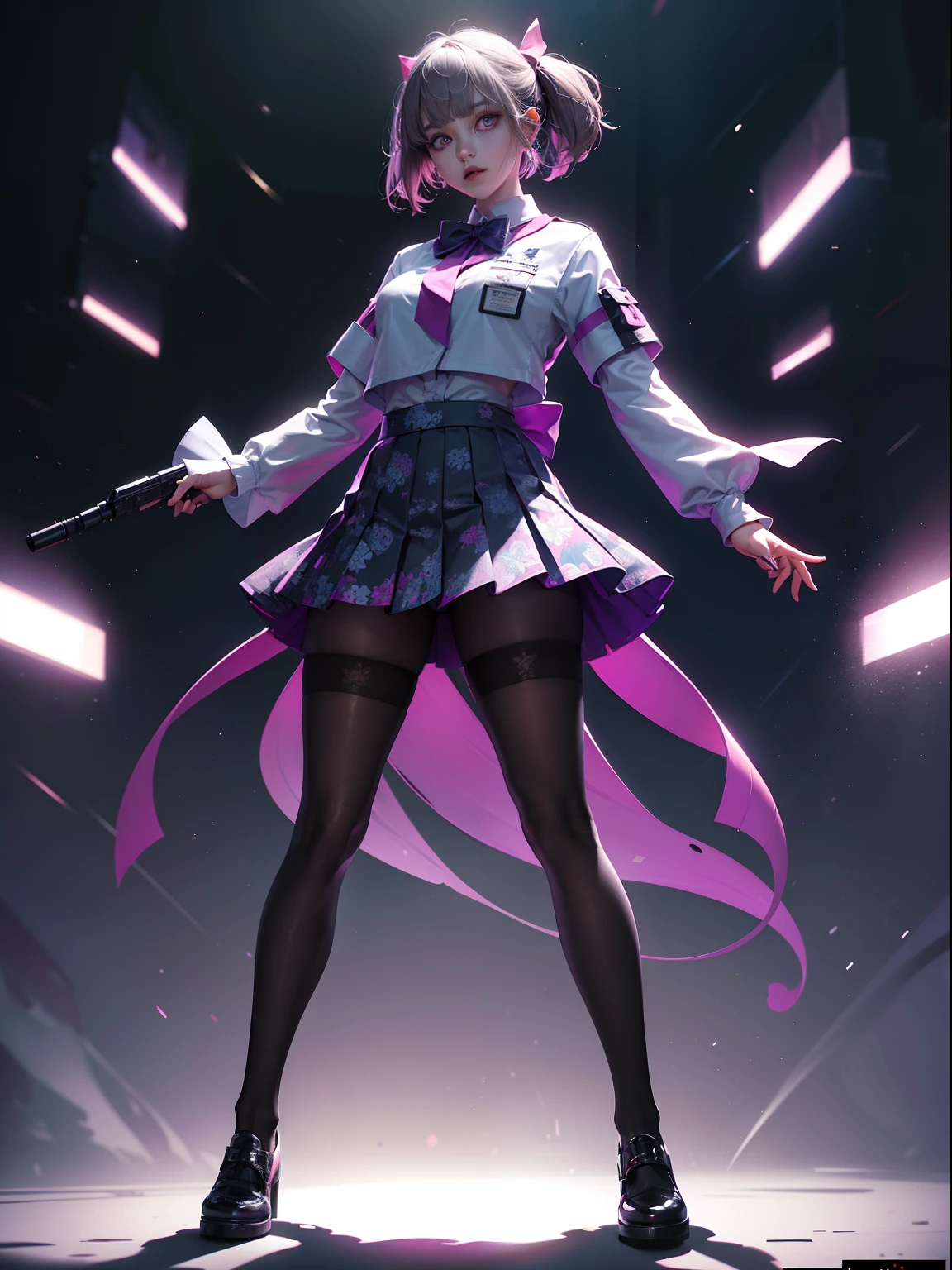 (full body:1.5)，(1girl:1.3),(looking at viewer:1.4)，(anatomy correct:1.3)，(In the paradise of the day:1.3),(Wearing Very thick Printed Pantyhose and Zombie suit Set JK uniform printed Ultra short pleated skirt and JK uniform leather shoes with bow decoration :1.3), (A high jump posture:1.3),(In pink|amarelo|blue colors|green color|red colour|white colors|black in color|purpleish color|greys|Beige|Flesh color 1.4)，(Glowing eyes:1.3),(Accurate and perfect face:1.4),(Clothing Gloss:1.25),(Skin reflection:1.25),hyper HD, Ray traching, reflective light，structurally correct, Award-Awarded, high detal, lightand shade contrast, Face lighting，cinmatic lighting, tmasterpiece, super detailing, high high quality, high detal, best qualityer, 16k，high contrast,