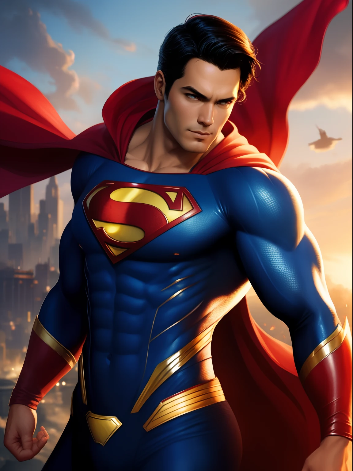 Superman is flying through the air in a city, Super-homem, Guilherme H. Pongiluppi, Estilo de Arte DC Comics, Ross Tran 8 K, pose do super-homem, Superman emergindo do sol, trending in the artstation", Estilo Alex Ross, obra-prima artstation, Wojtek FUS, sem texto, Tran Ross!!!, Artgerm Greg Rutkowski
