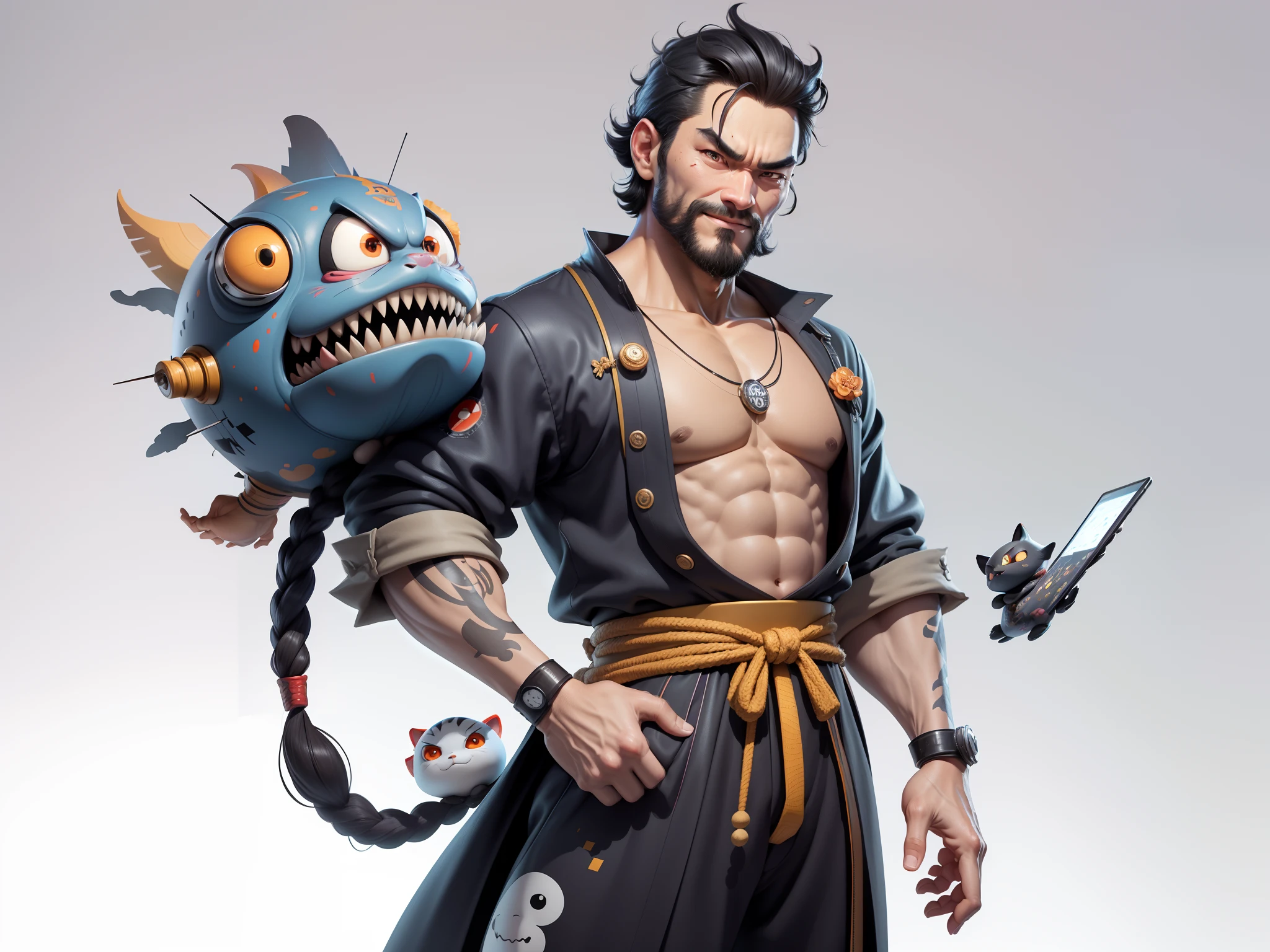 (Daisaku),(Need),(Super meticulous),(full bodyesbian:1.2),Super young man with Japanese geisha,Beautiful,orient,one tiger,Aeolian Thor,Raised sexy,爆乳,Oriental face,TV Anchor,Bust portrait illustration,In black suit,a blue tie,The face is slightly chubby,The face was clean,without a beard,Black super short hair,Black eyes,Smile confidently,3C computer sub-products,iPad, iphone,Digital painting,3D character design by Mark Clairen and Pixar and Hayao Miyazaki and Akira Toriyama,The illustration is a high-definition illustration in 4K resolution,With very detailed facial features and cartoon-style visuals。