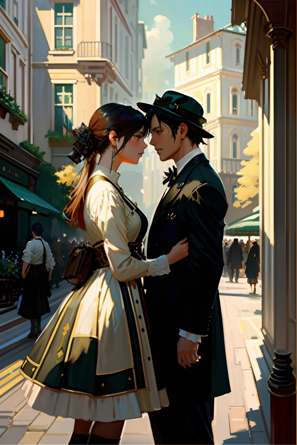 modelshoot style, (extremely detailed CG unity 8k wallpaper), full shot body photo of the most beautiful artwork in the world, IUkpop, 2girls, pretty, (yuri), couple, face-to-face, imminent kiss, beautiful ((gothic city)), professional majestic impressionism oil painting by Waterhouse, John Constable, Ed Blinkey, Atey Ghailan, Studio Ghibli, by Jeremy Mann, Greg Manchess, Antonio Moro, trending on ArtStation, trending on CGSociety, Intricate, High Detail, dramatic, makoto shinkai kyoto, trending on artstation, trending on CGsociety,