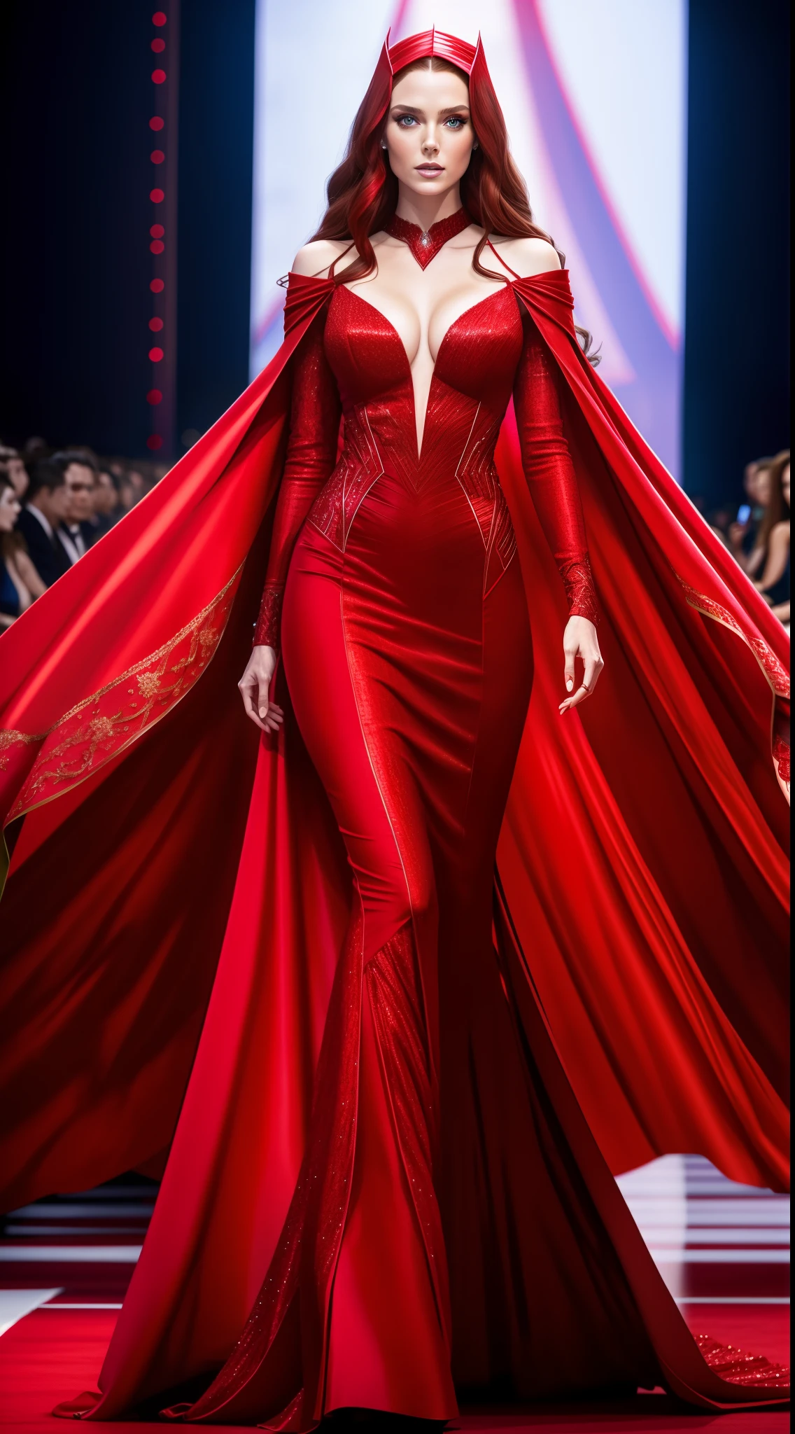 Scarlet Witch walking down the runway, sexy red Metgala dress, sexy body, long red hair, green eyes, perfect face, pretty face, fashion show on the runway, Audience in the background, Realistic, hyperdetailed, Ultra HD,8K