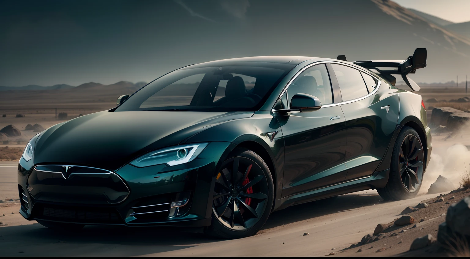 A Tesla from the year 3775. Dark green, realistic, 8k, cinematic, side view