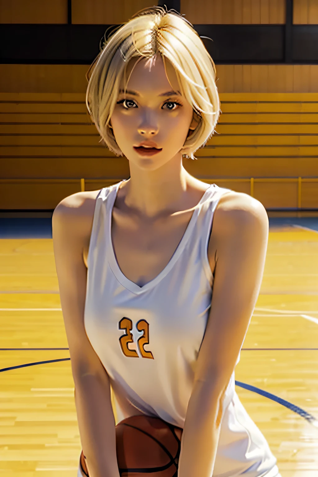 one-girl，with sexy look，bshoulders，Beautiful pupils，blond hairbl，short detailed hair，Low-key cold light，basketball ball，Tight short top，dampness，On the basketball court，