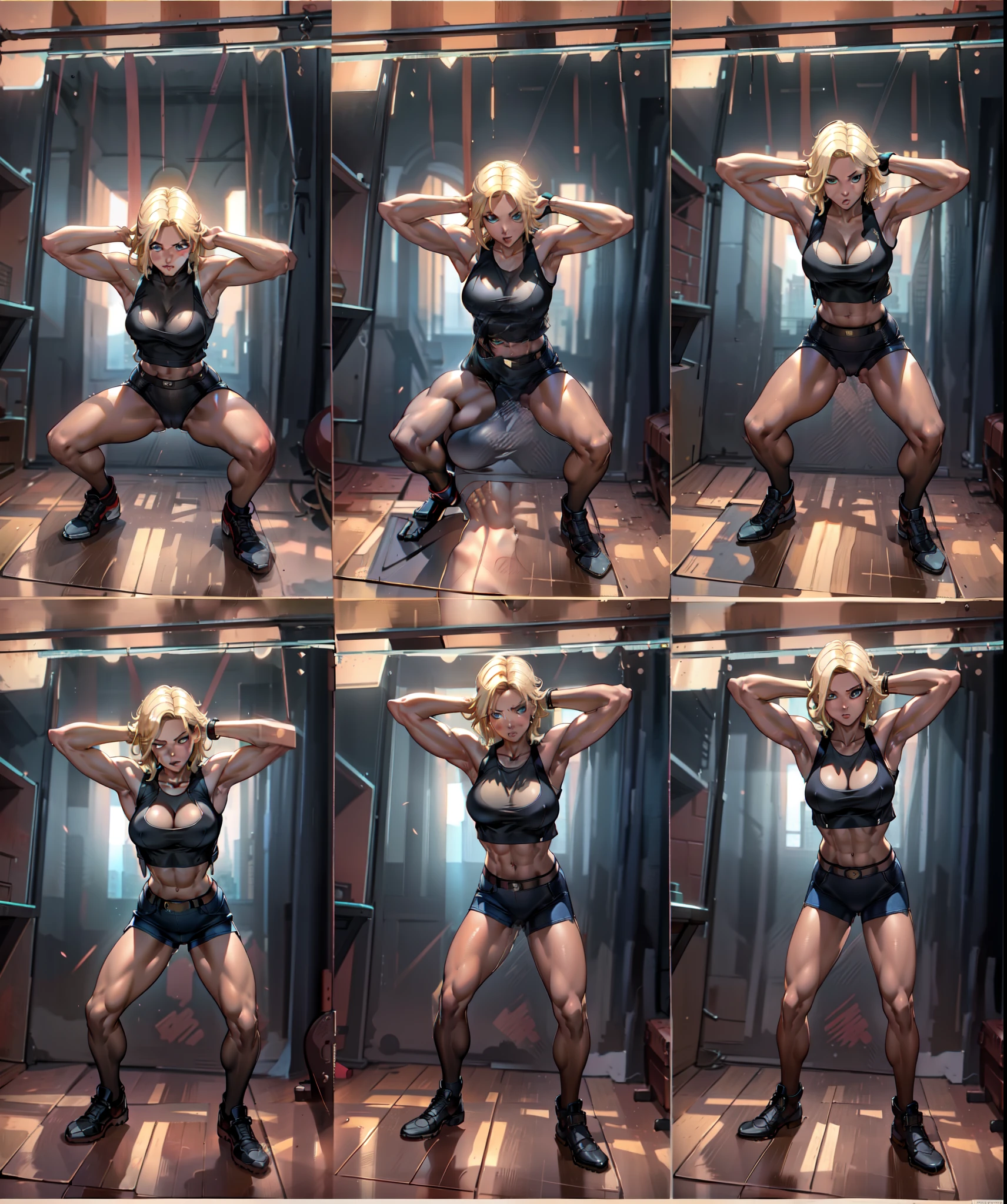 unparalleled masterpiece, ultra realistic 8k CG, perfect artwork, (1girl:1.1) , solo, ((perfect female figure)), (nsfw), looking at viewer, mature female, (teasing), best quality:1.1 , seductive posture, sexy pose, alluring, (beautiful), (curvy), (thick), blonde hair, (blue eyes:1.2), short hair, earrings, jewelry, denim vest, open vest, black pantyhose, black shirt, denim skirt, striped long sleeves, toned legs, fit, (abs:1.1), (big butt:1.4), peach ass, (athletic body:1.2), (large breasts:1.3, (big_breasts:1.1), wide_hips:1.5, narrow waist, small waist:1.5, slender body:1.2, thick thighs:1.3), (shiny skin:1.2), (hdr), (street:1.2), Nikon D850 film stock photograph Kodak Portra 400 camera f1.6 lens, rich colors, lifelike texture, dramatic lighting, unreal engine, trending on ArtStation, by Gerald Brom, by Frank Frazetta, by Luis Royo, by Julie Bell, by Boris Vallejo, working out, black underwear doing a squat, squatting, squatting pose, posing and flexing, flexing, multiple poses, distorted pose, various bending poses, thighs!!!!!!, back and standing, doing a hot majestic pose, smoking with squat down pose, rotated left right front back, strange poses, symmetrical pose, sexy, erotic, big butt lady
