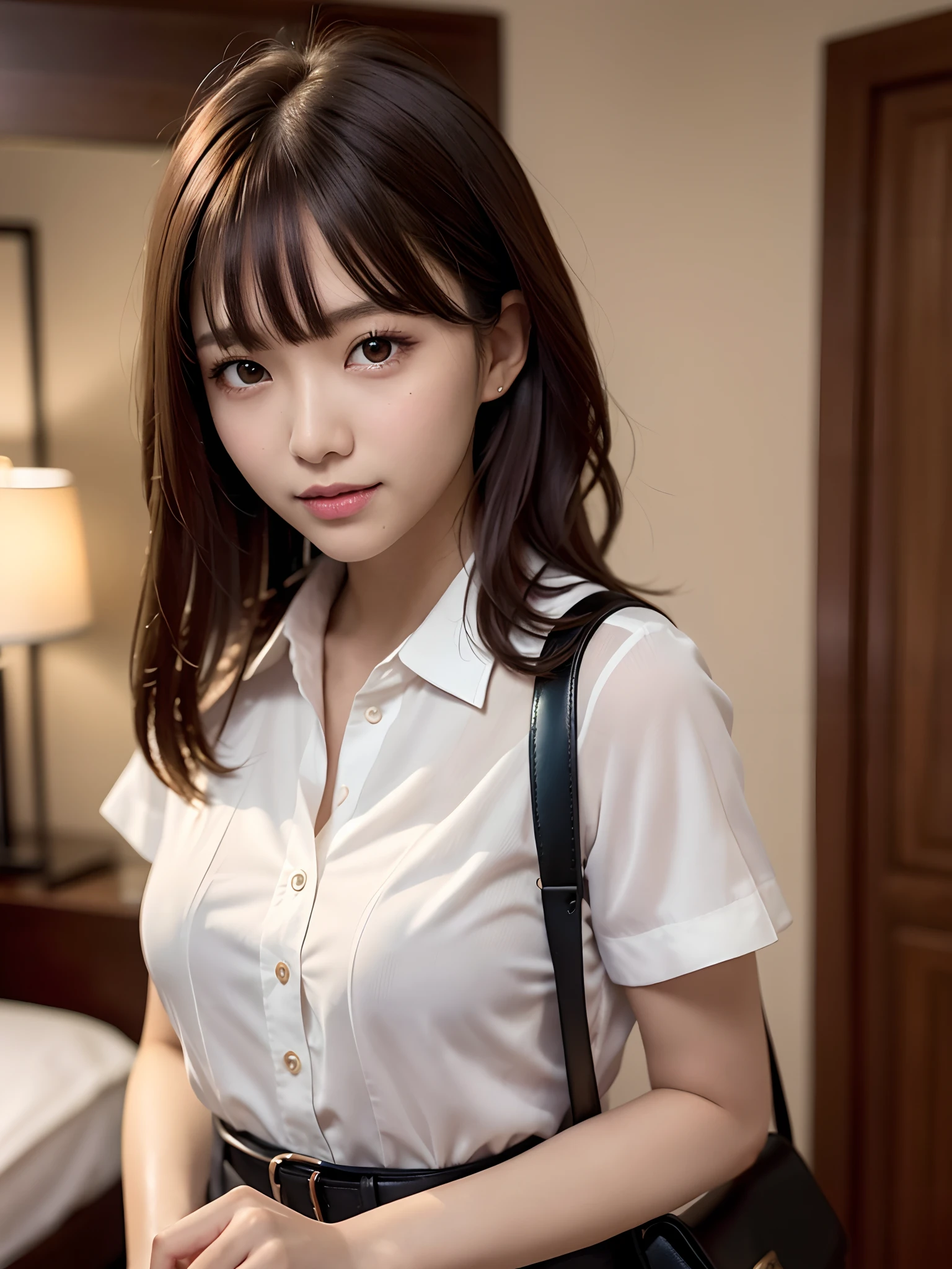 product quality, 1 girl per 1 photo, cowboy shot, front view, a Japanese young pretty girl, long bob hair, wearing a marriage ring, night time, wearing a short sleeves collared pink blouse, wearing light brown pants, a shoulder bag, standing in a bed room in a hotel with a big smile, a shoulder bag, hyper cute face, glossy lips, double eyelids for both eyes, natural makeup, shiny smooth light brown hair of long bob hair, asymmetrical bangs, tanned skin, central image, 8K resolution, high detail, detailed hairstyle, detailed face, cinematic lighting, octane rendering, hyper realistic, perfect limbs, perfect anatomy