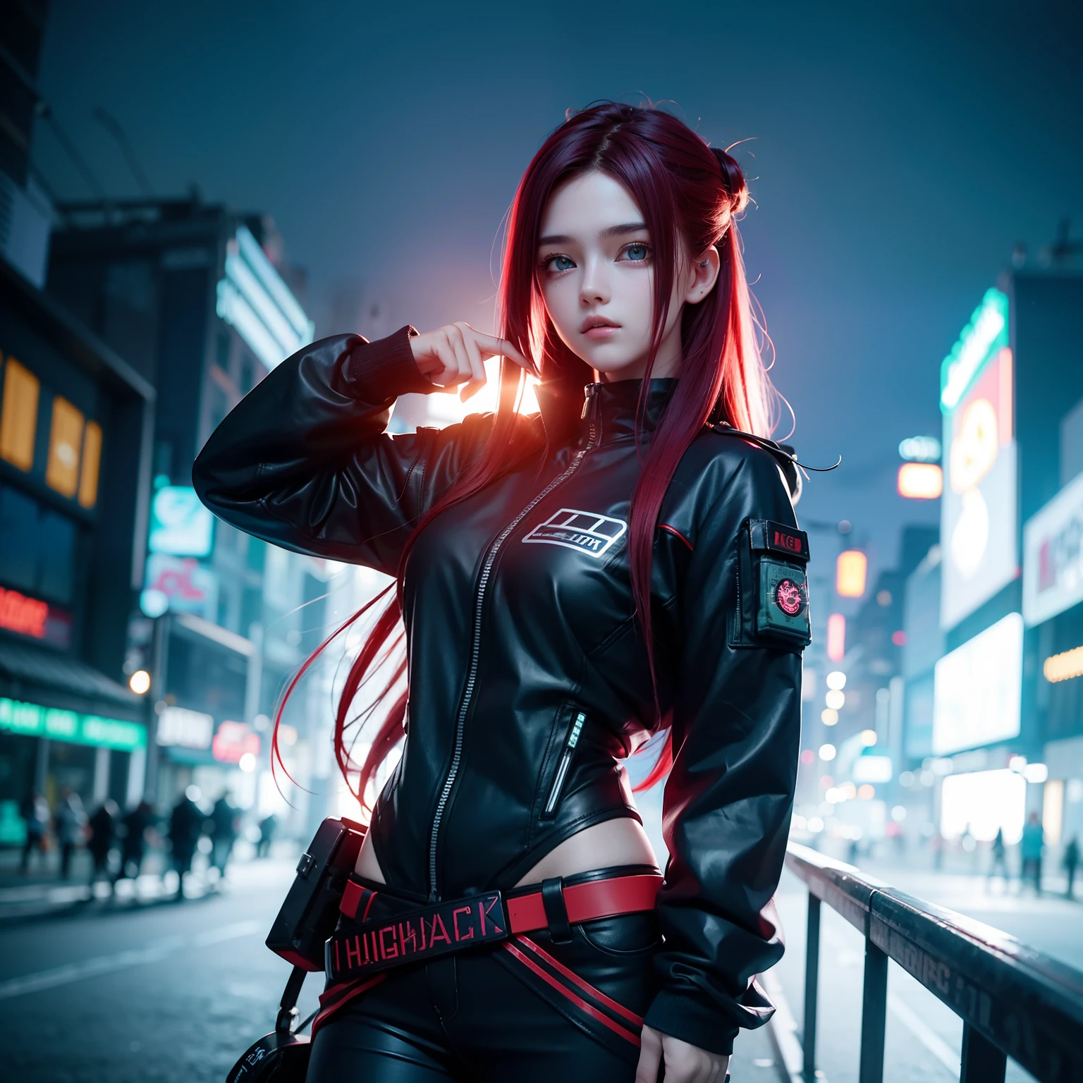  cute girl grunge style wearing long cloack and hud in the dark cyberpunk city, very long hair, blue and red hair, masterpiece, hyper realistic, 8k, bokeh, fireluminesence, lumineer,