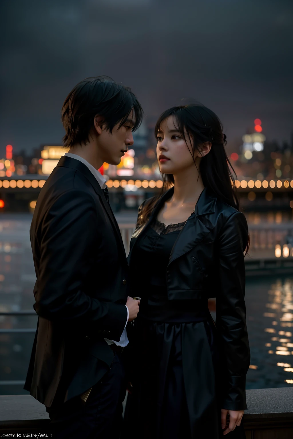 modelshoot style, (extremely detailed CG unity 8k wallpaper), full shot body photo of the most beautiful artwork in the world, IUkpop, 2girls, pretty, (yuri), couple, face-to-face, imminent kiss, beautiful ((gothic city)), professional majestic impressionism oil painting by Waterhouse, John Constable, Ed Blinkey, Atey Ghailan, Studio Ghibli, by Jeremy Mann, Greg Manchess, Antonio Moro, trending on ArtStation, trending on CGSociety, Intricate, High Detail, dramatic, makoto shinkai kyoto, trending on artstation, trending on CGsociety,