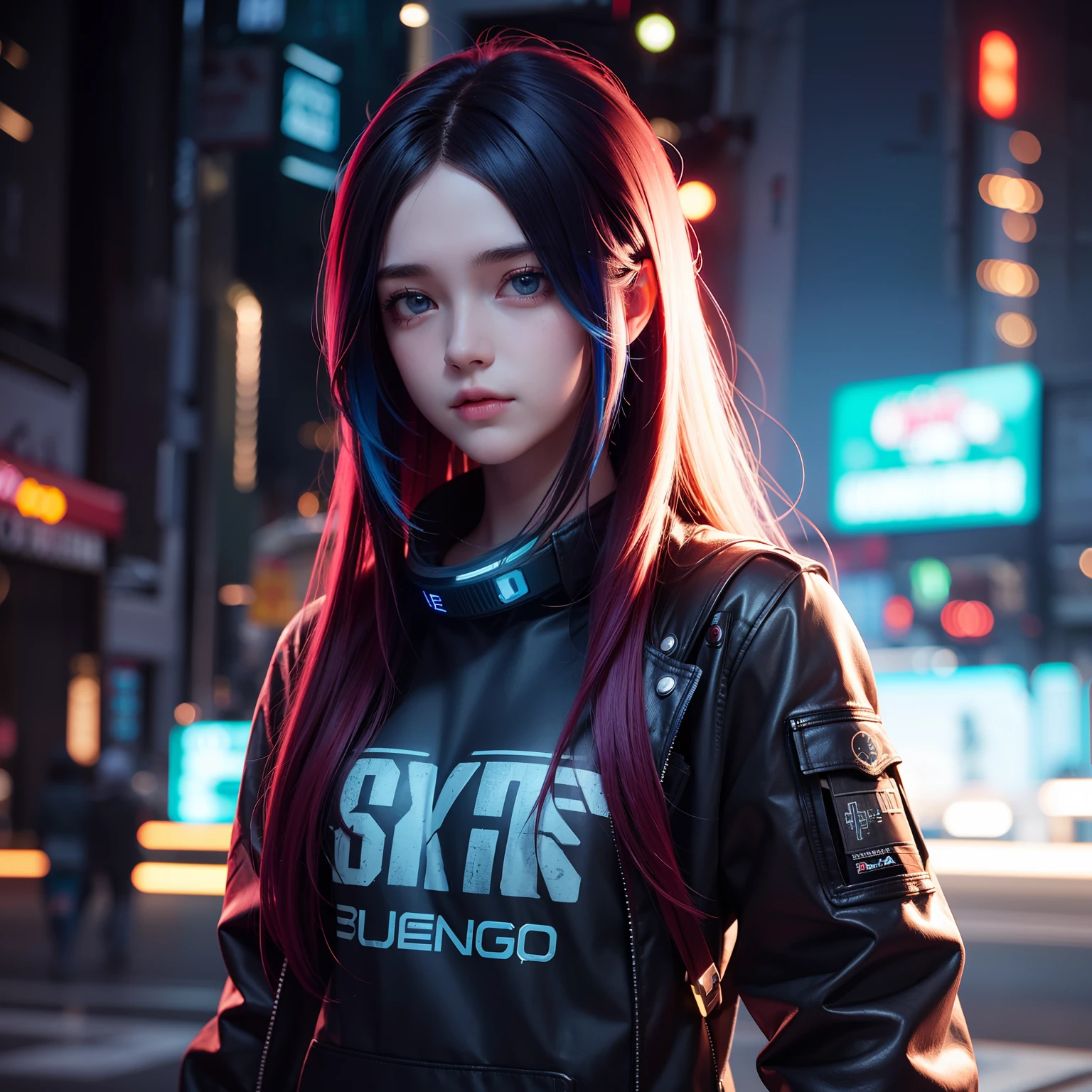15 years old cute girl grunge style wearing long cloack and hud in the dark cyberpunk city, very long hair, blue and red hair, masterpiece, hyper realistic, 8k, bokeh, fireluminesence, lumineer,