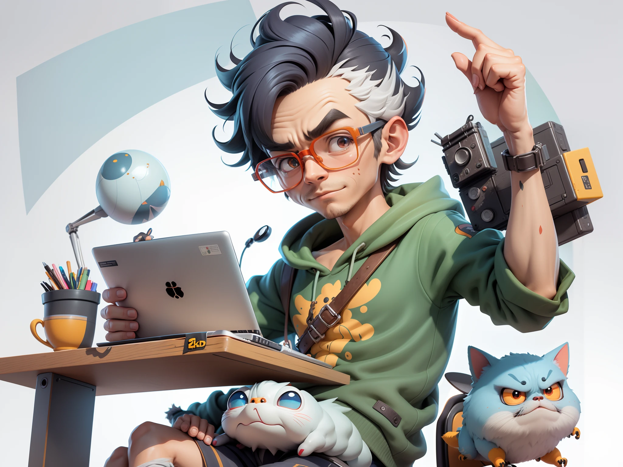 A young man with glasses sits at his desk，holding laptop，digitial painting，3D character design by Mark Clairen and Pixar and Hayao Miyazaki and Akira Toriyama，4K HD illustration，Very detailed facial features and cartoon-style visuals。
