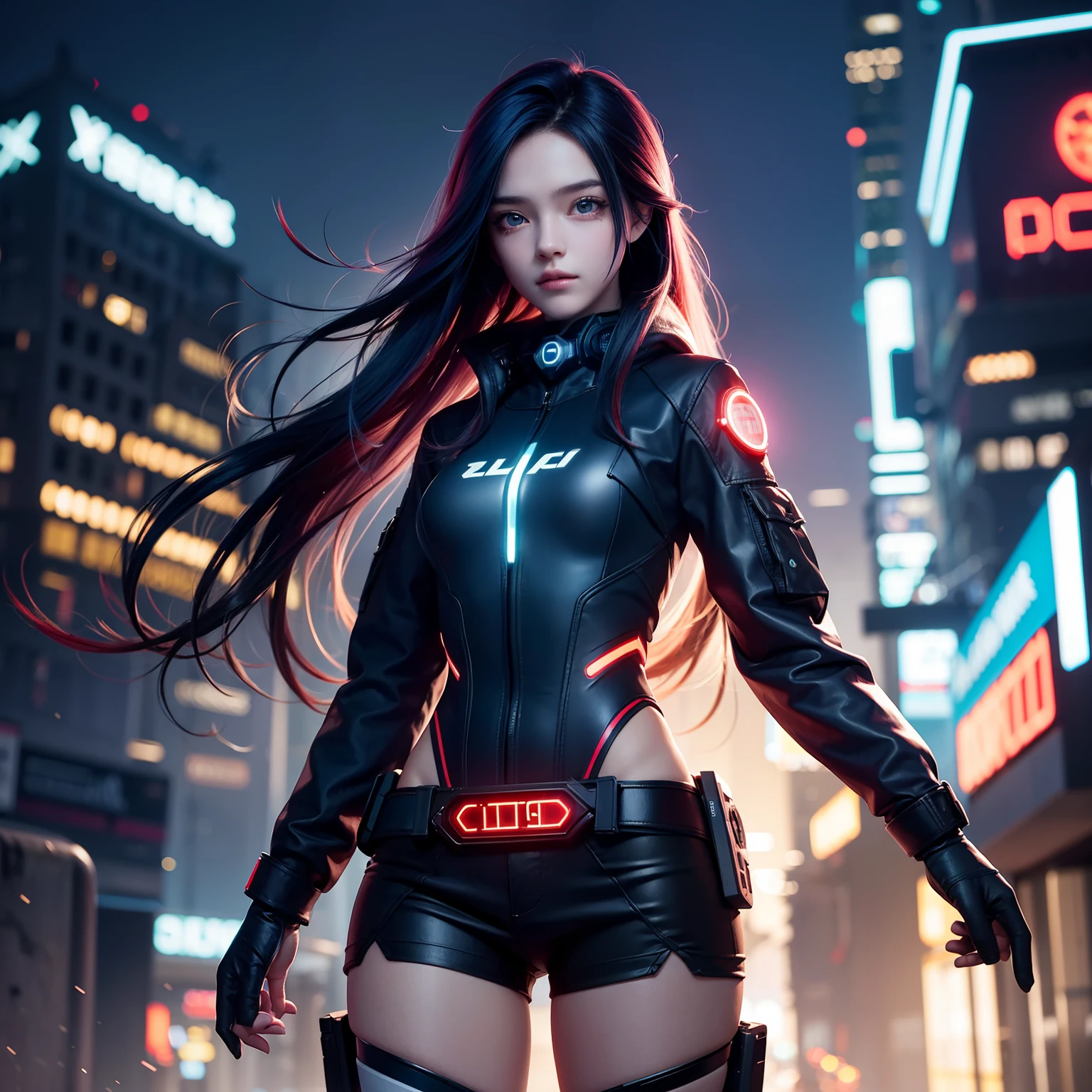  cute girl wearing long cloack and hud in the dark cyberpunk city, very long hair, blue and red hair, masterpiece, hyper realistic, 8k, bokeh, fireluminesence, lumineer,