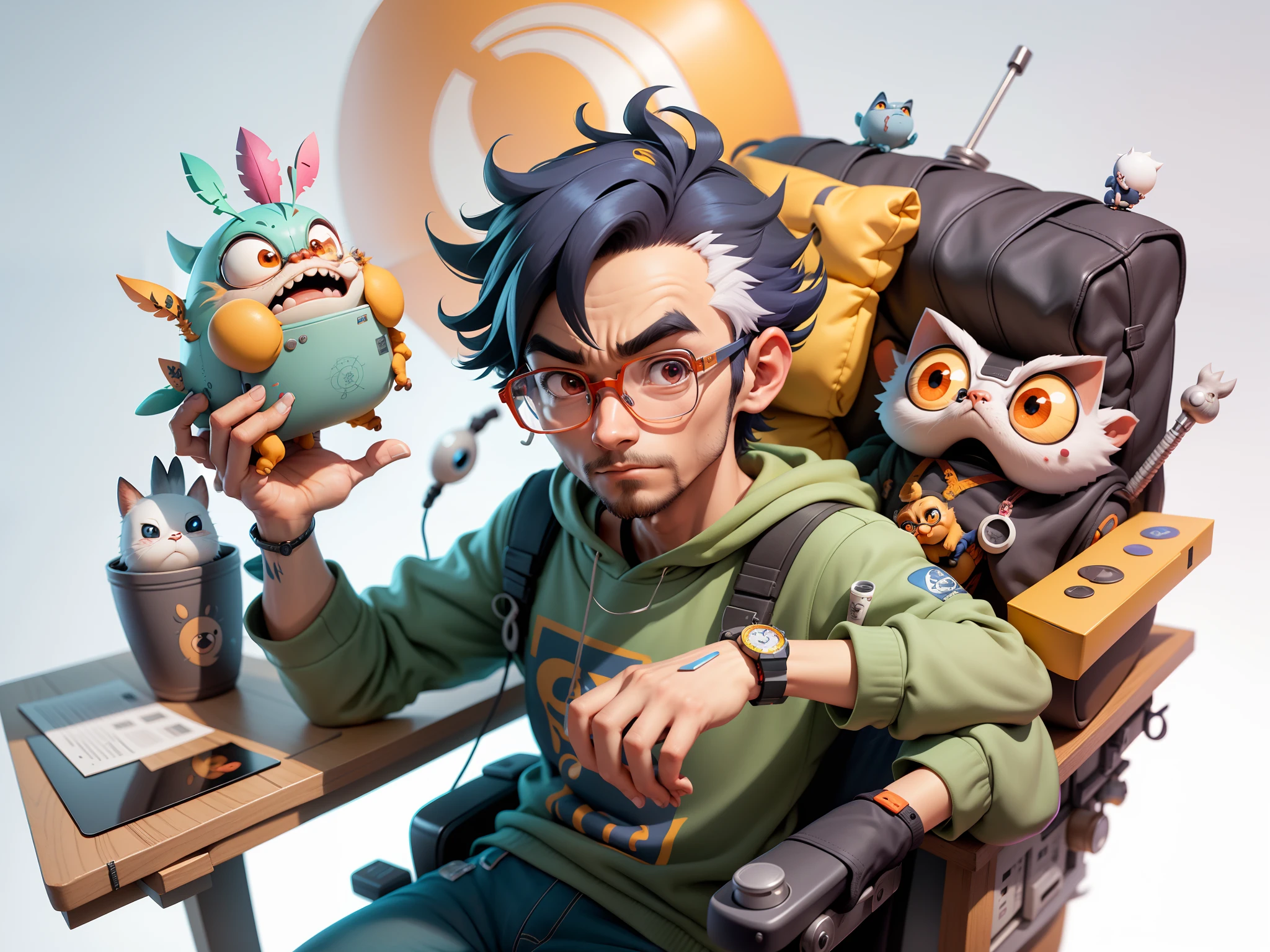 A young man with glasses sits at his desk,holding laptop,digitial painting,3D character design by Mark Clairen and Pixar and Hayao Miyazaki and Akira Toriyama,4K HD illustration,Very detailed facial features and cartoon-style visuals。