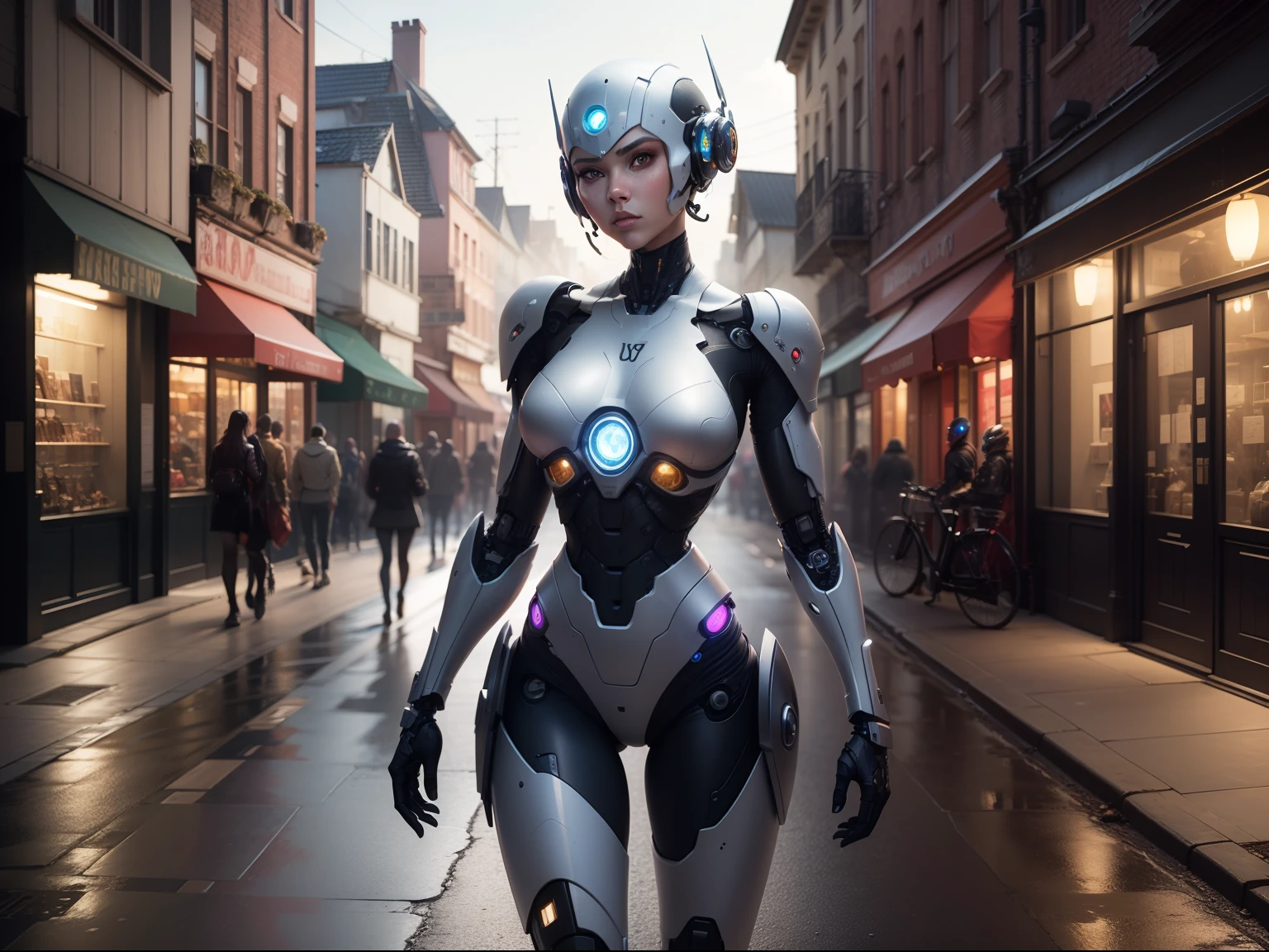 modelshoot style, (extremely detailed CG unity 8k wallpaper), full shot body photo of the most beautiful artwork in the world, a close up photo of a itrobo2022 cyborg monster, fantasy town street on background,