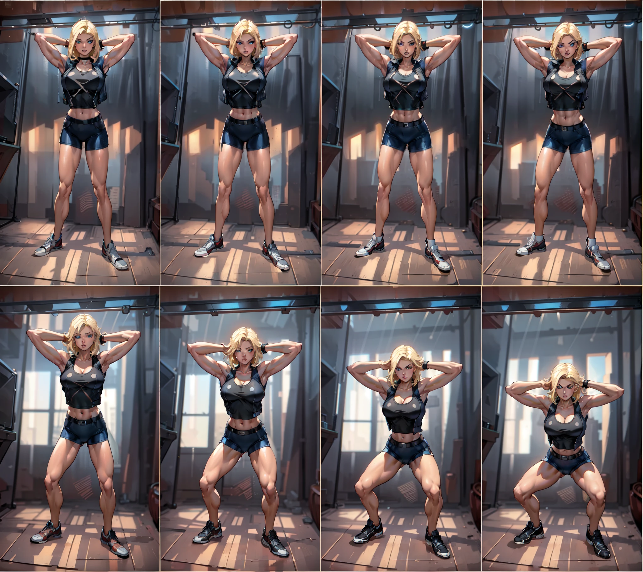 unparalleled masterpiece, ultra realistic 8k CG, perfect artwork, (1girl:1.1) , solo, ((perfect female figure)), (nsfw), looking at viewer, mature female, (teasing), best quality:1.1 , seductive posture, sexy pose, alluring, (beautiful), (curvy), (thick), blonde hair, (blue eyes:1.2), short hair, earrings, jewelry, denim vest, open vest, black pantyhose, black shirt, denim skirt, striped long sleeves, toned legs, fit, (abs:1.1), (big butt:1.4), peach ass, (athletic body:1.2), (large breasts:1.3, (big_breasts:1.1), wide_hips:1.5, narrow waist, small waist:1.5, slender body:1.2, thick thighs:1.3), (shiny skin:1.2), (hdr), (street:1.2), Nikon D850 film stock photograph Kodak Portra 400 camera f1.6 lens, rich colors, lifelike texture, dramatic lighting, unreal engine, trending on ArtStation, by Gerald Brom, by Frank Frazetta, by Luis Royo, by Julie Bell, by Boris Vallejo, working out, black underwear doing a squat, squatting, squatting pose, posing and flexing, flexing, multiple poses, distorted pose, various bending poses, thighs!!!!!!, back and standing, doing a hot majestic pose, smoking with squat down pose, rotated left right front back, strange poses, symmetrical pose, sexy, erotic, big butt lady