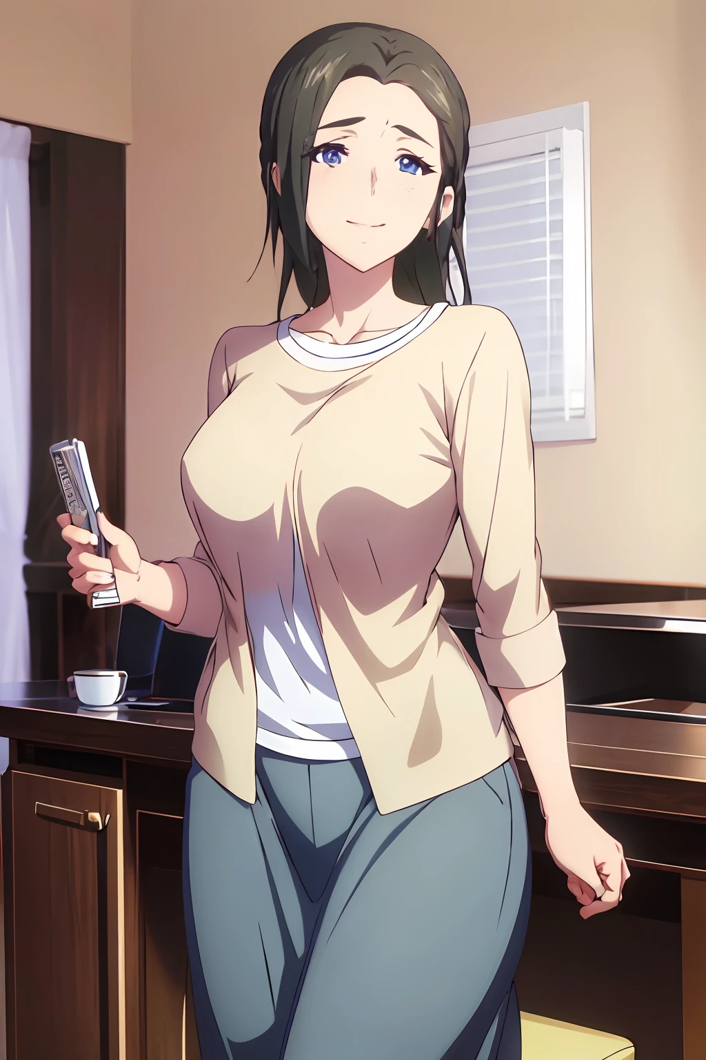 masterpiece, (best quality), 1woman,1girl ,haruhiko_ichijou_mother,  black hair, long hair,  (blue eyes),casual clothes, (skirt),big breasts ,, ,sexy woman,smile, hair between eyes, long sleeves,closed clothes, embarrassed,blush,  , vibrant colors ,natural lighting  ,RTX,  , beautiful, (detailed face:1.2), showcase, (perfect eyes:1.1) ,(photorealistic:1.1), 8k uhd,  looking at viewer, indoors,  simple backround,