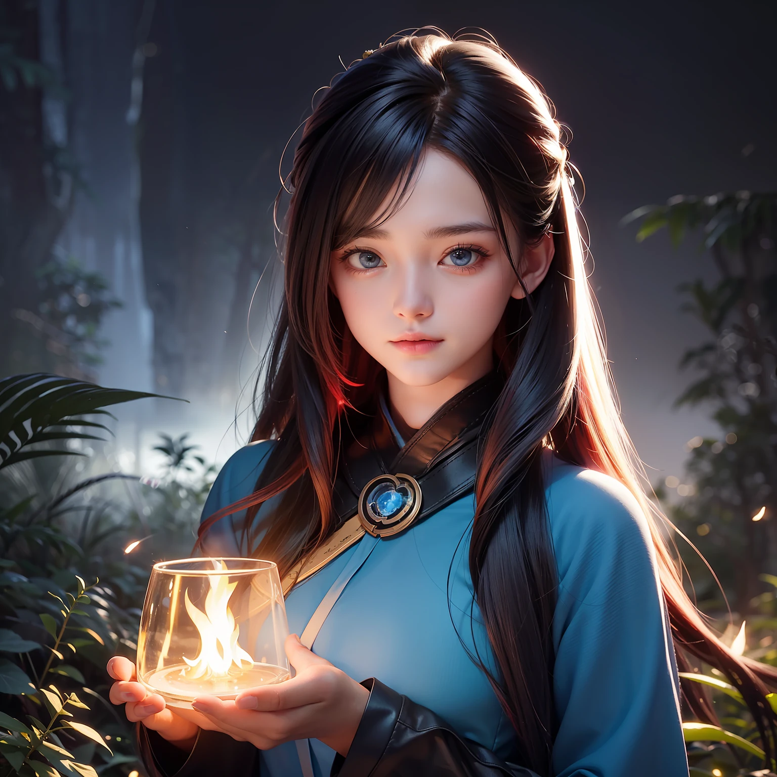 cute girl wearing long cloack and hud in the darkk forest, very long hair, blue and red hair, masterpiece, hyper realistic, 8k, bokeh, fireluminesence, lumineer, bioluminensence, surrounding with fog,
