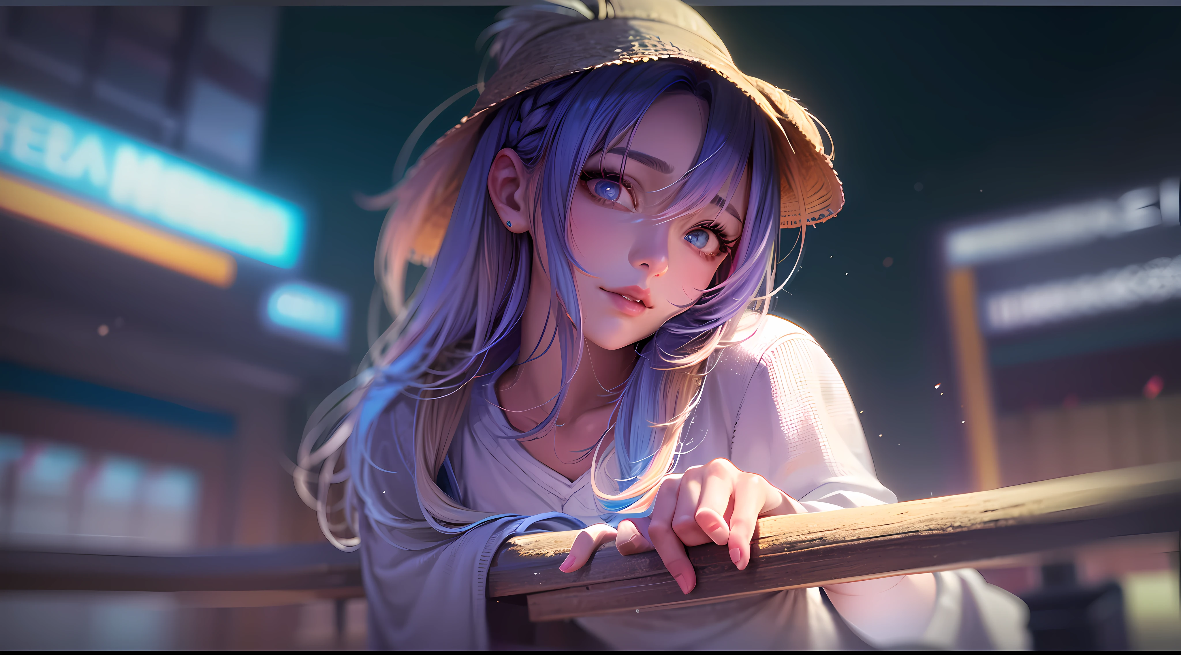 NY, (gradient hair, dutch angle:1.3), film grain, chromatic aberration, city, masterpiece, best quality, raw photo, photorealistic, absurdres, 1girl, cute, perspective, cowboy shot, highres, ultra detailed, detailed eyes and face, sharp pupils, realistic pupils, sharp focus, summer, night, detailed full figure, beautiful socks