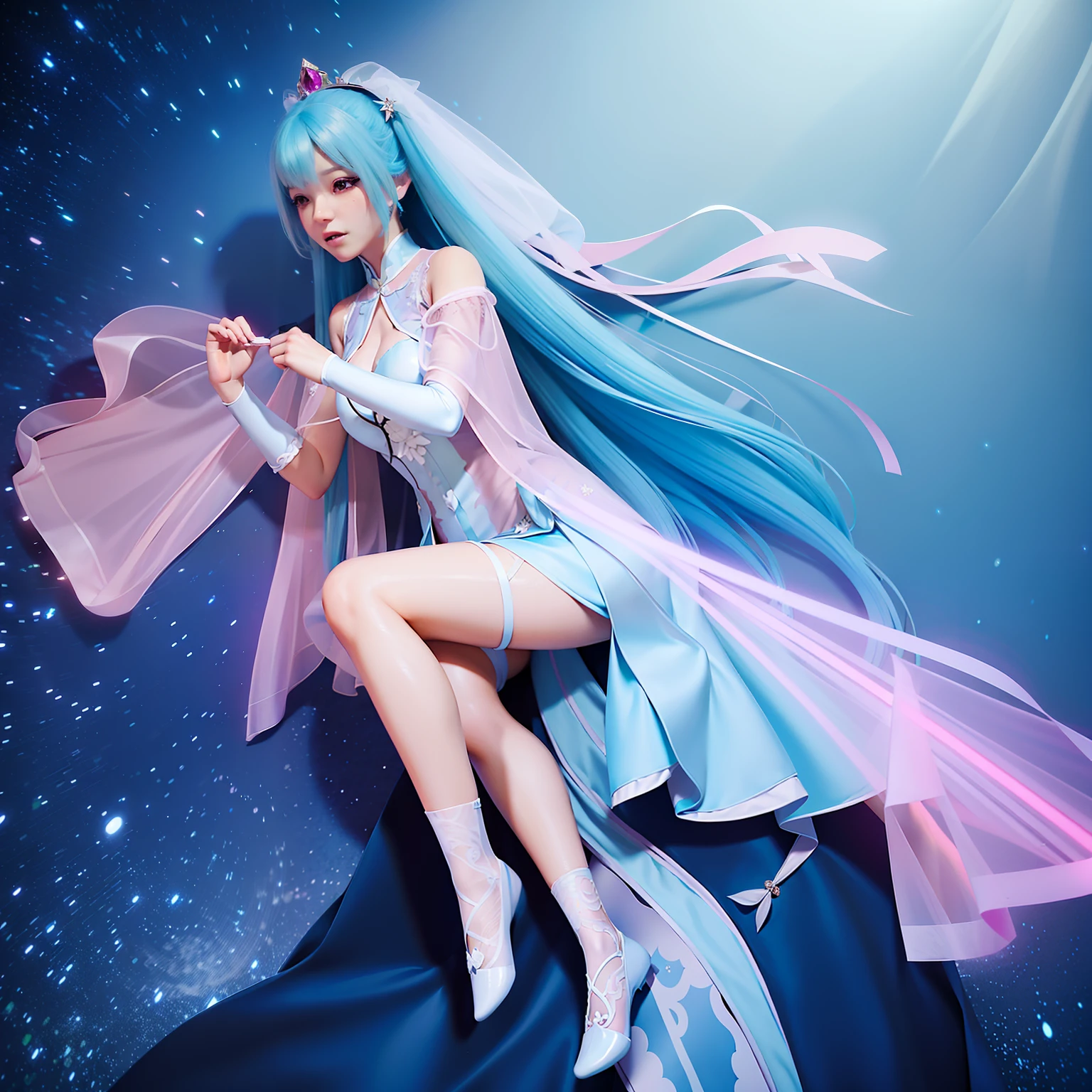 Beautiful woman in a wedding dress from translucent era,Peerless looks,3 d animesexy,Anime goddess,shift dresses,Jade foot,Long pink and blue hair,blue color eyes,Mage Mianyun short robe,Cord,Tie your entire body to the bed with a rope