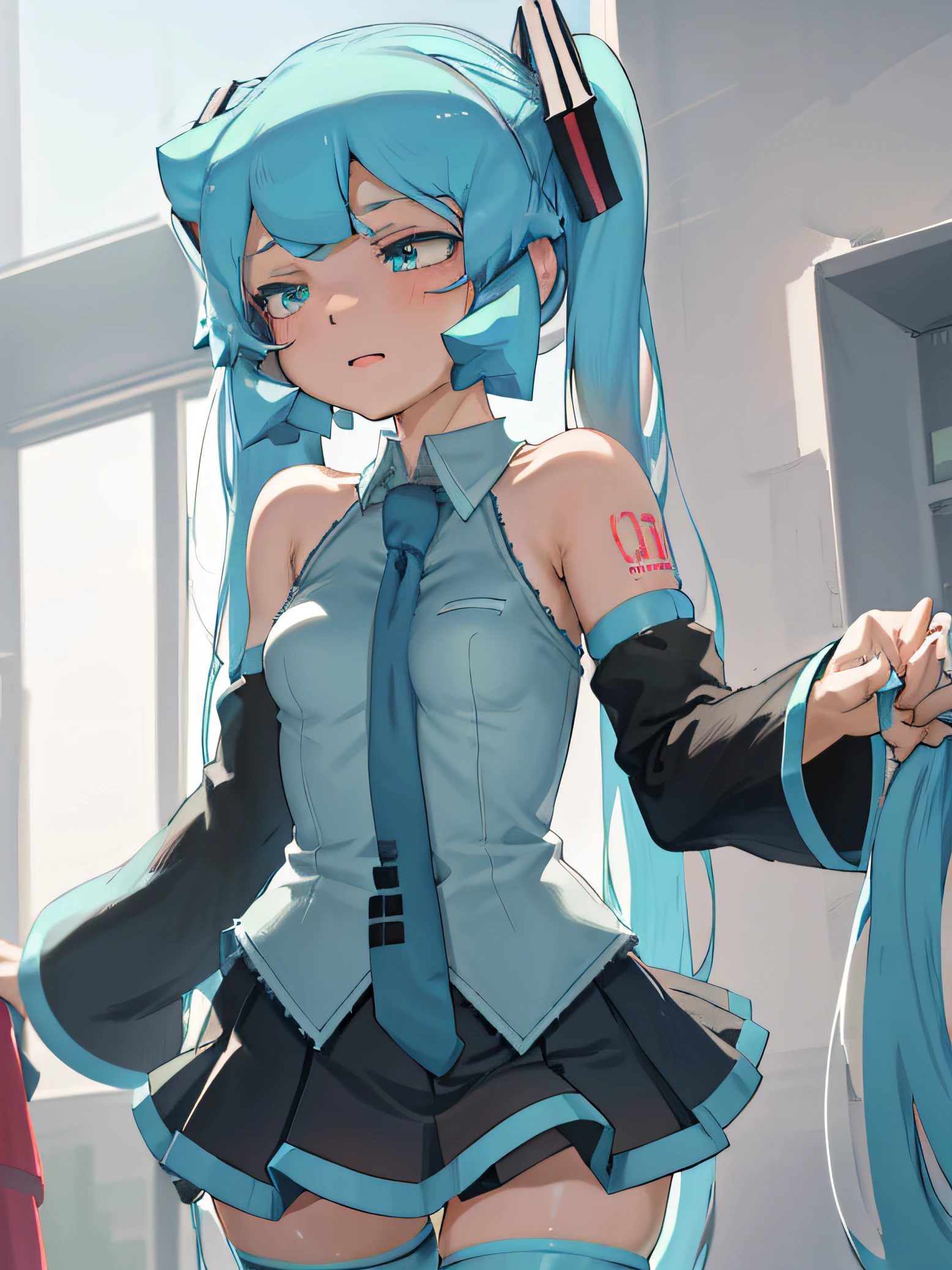 1girl, aqua eyes, aqua hair, hatsune miku, grey shirt, detached sleeves, twintails, shoulder tattoo, necktie, black thighhighs, pleated skirt