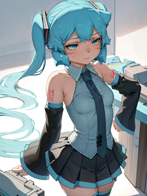 1girl, aqua eyes, aqua hair, hatsune miku, grey shirt, detached sleeves, twintails, shoulder tattoo, necktie, black thighhighs, ...