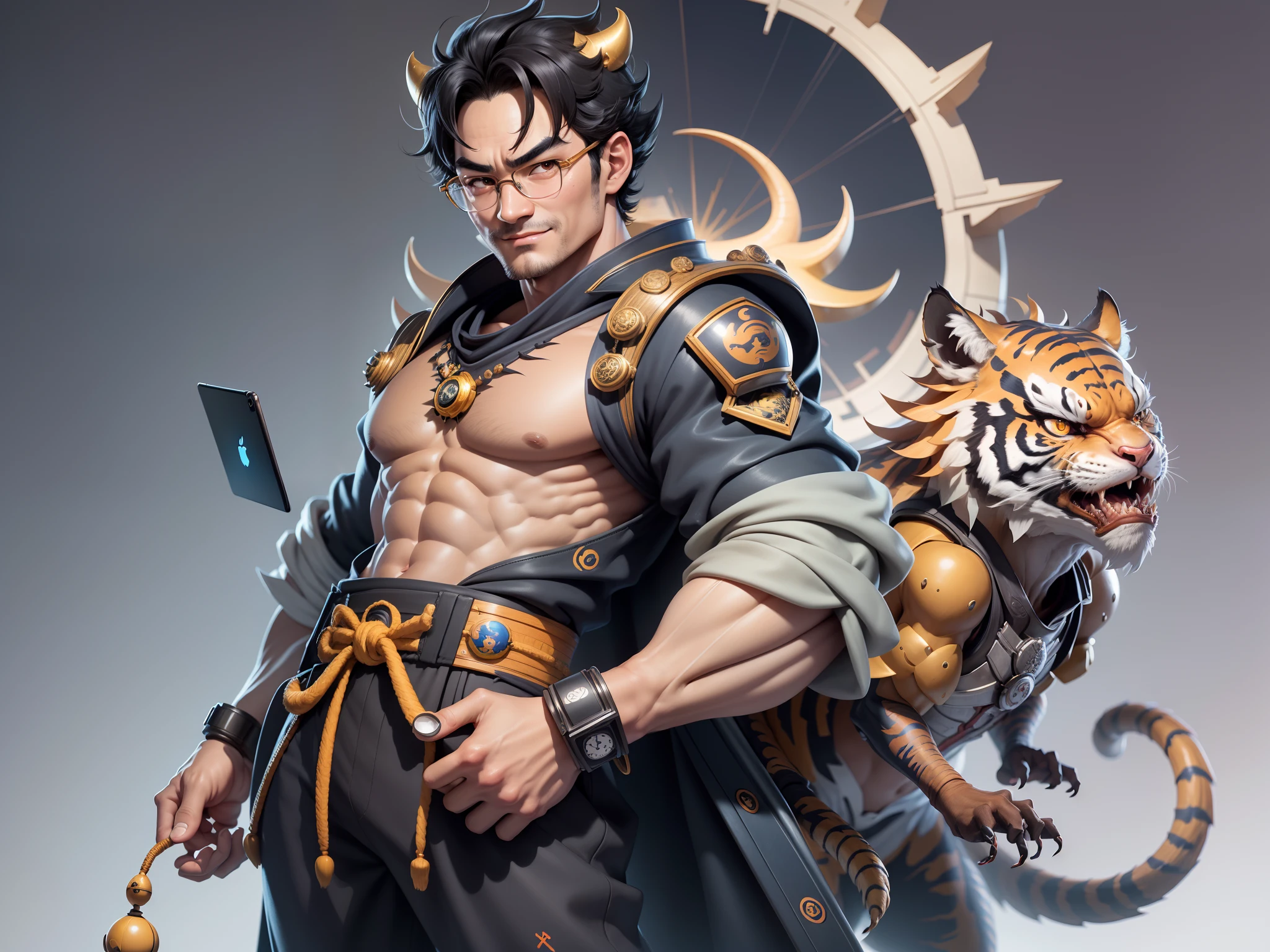 (Masterpiece), (Excellent), (Super Meticulous), (Full Body: 1.2), Super Young Man with Japanese Female Geisha, Pretty, Beautiful, Chinese Dragon, Tiger, Wind God Thor, Sexy, Bursting, Oriental Face, TV Anchor, Bust Portrait Illustration, Black Suit, Blue Tie, Slightly Chubby Face, Silver Glasses, Very Clean Face, No Beard on Chin, Black Super Short Hair, Black Eyes, Confident Smile, 3c Computer Sub-Products, iPad, iPhone, Digital Painting, 3D character design by Mark Clairedon and Pixar and Hayao Miyazaki and Akira Toriyama, the illustrations are HD illustrations in 4K resolution with highly detailed facial features and cartoon-style visuals.