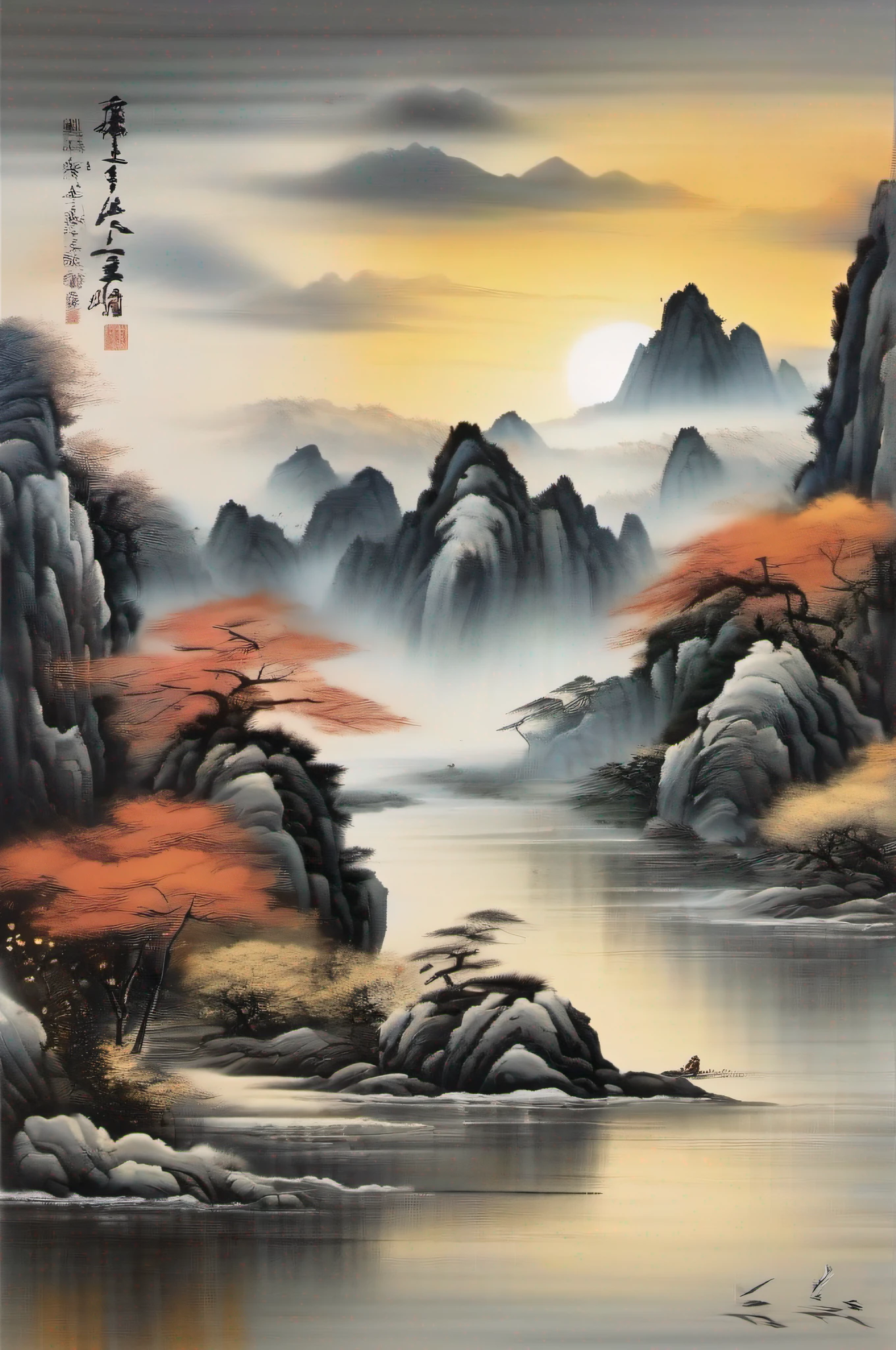 Super beautiful ink landscape painting,Stunning view of the ancient mountain。in the style of serene atmosphere,The sun shines softly on the mountain peaks,Creates a captivating afterglow effect。The picture shows low-saturation colors,And mostly black, White and gray,It gives a light and elegant feeling。The composition follows the golden section,Make the overall picture balanced and harmonious。The style of this painting is a reference to ancient Chinese landscape painting,Presented in the form of realism and ink drafts,Showcasing authentic craftsmanship。Such landscape paintings are the work of the artist,His ink style and unique artistic expression can be felt。