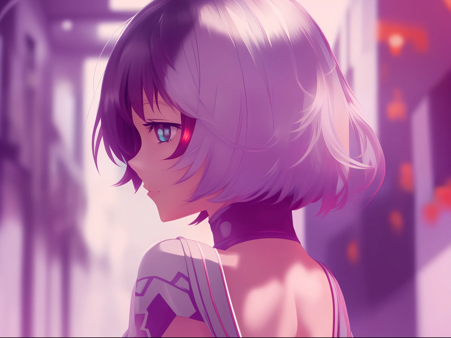 (masterpiece, best quality, high quality, highres, ultra-detailed), cyber sttyle girl, 1girl, solo, short hair, blurry background, from behind, from below,full body,looking at viewer, back,bare shoulders,