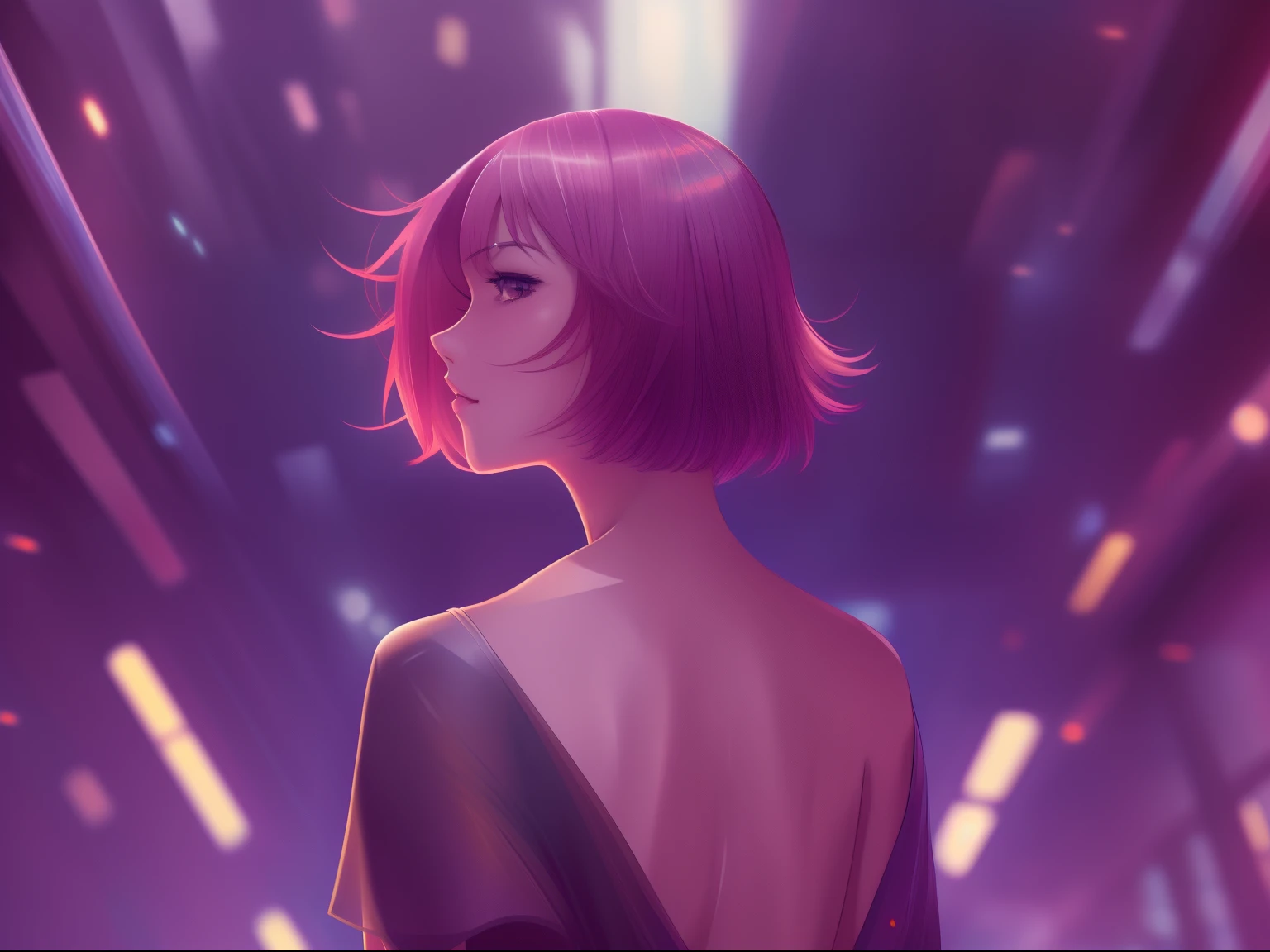 (masterpiece, best quality, high quality, highres, ultra-detailed), cyber sttyle girl, 1girl, solo, short hair, blurry background, from behind, from below,full body,looking at viewer, back,bare shoulders,