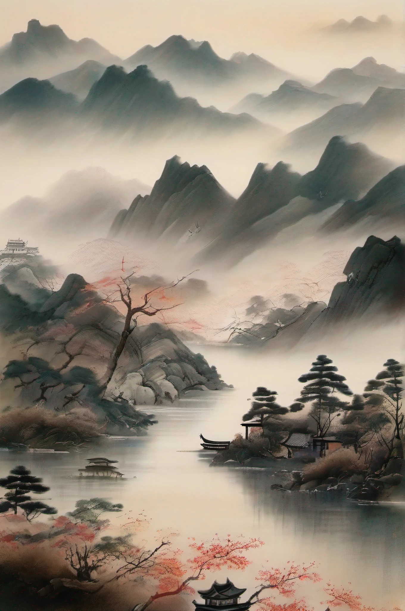 Super beautiful ink landscape painting，Stunning view of the ancient mountain。in the style of serene atmosphere，The sun shines softly on the mountain peaks，Creates a captivating afterglow effect。The picture shows low-saturation colors，And mostly black, White and gray，It gives a light and elegant feeling。The composition follows the golden section，Make the overall picture balanced and harmonious。The style of this painting is a reference to ancient Chinese landscape painting，Presented in the form of realism and ink drafts，Showcasing authentic craftsmanship。Such landscape paintings are the work of the artist，His ink style and unique artistic expression can be felt。