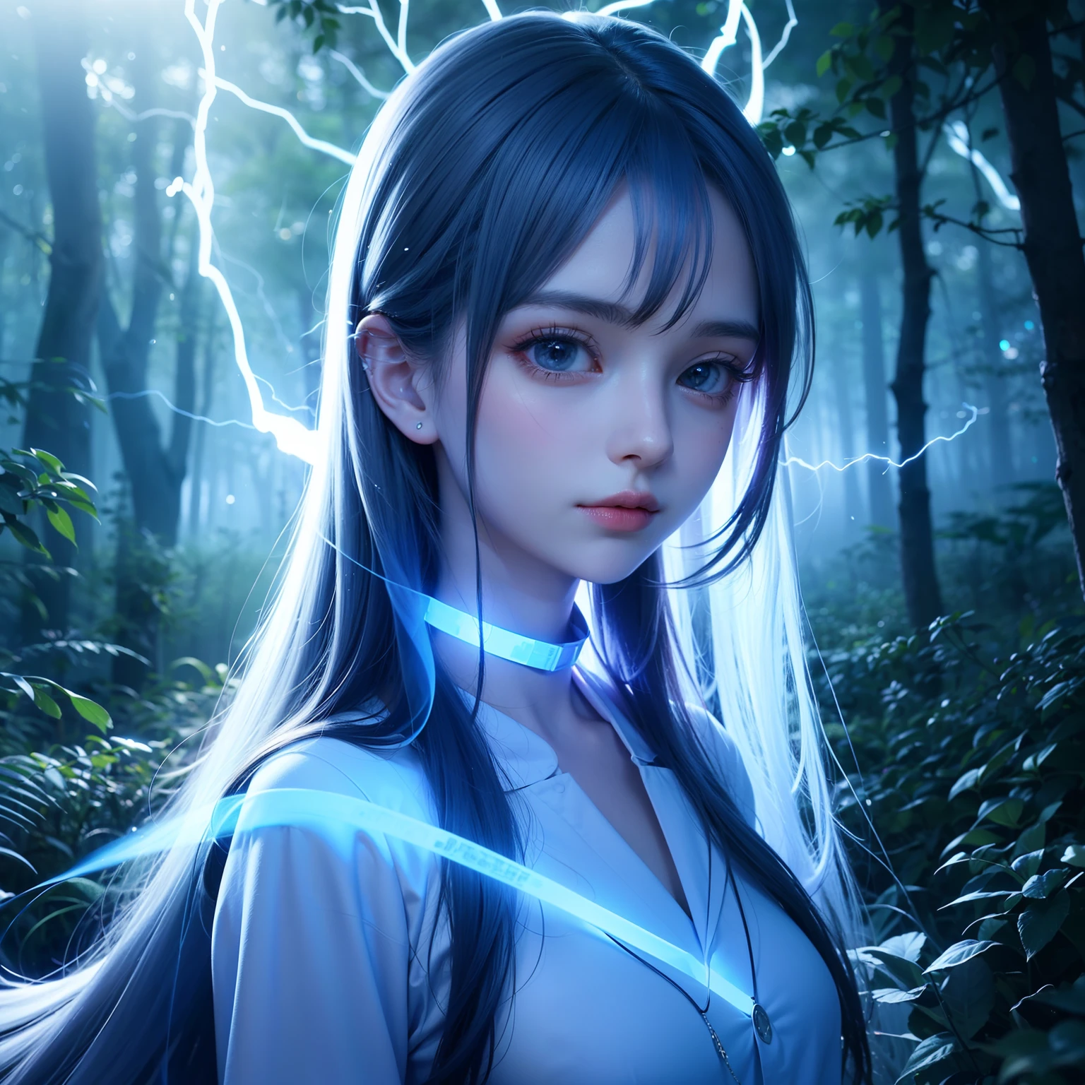 15 years old cute girl as a ghost in the dark forest, very long hair, blue , masterpiece, hyper realistic, 8k, bokeh, fireluminesence, lumineer, bioluminensence, surrounding with fog, synapticlightning,