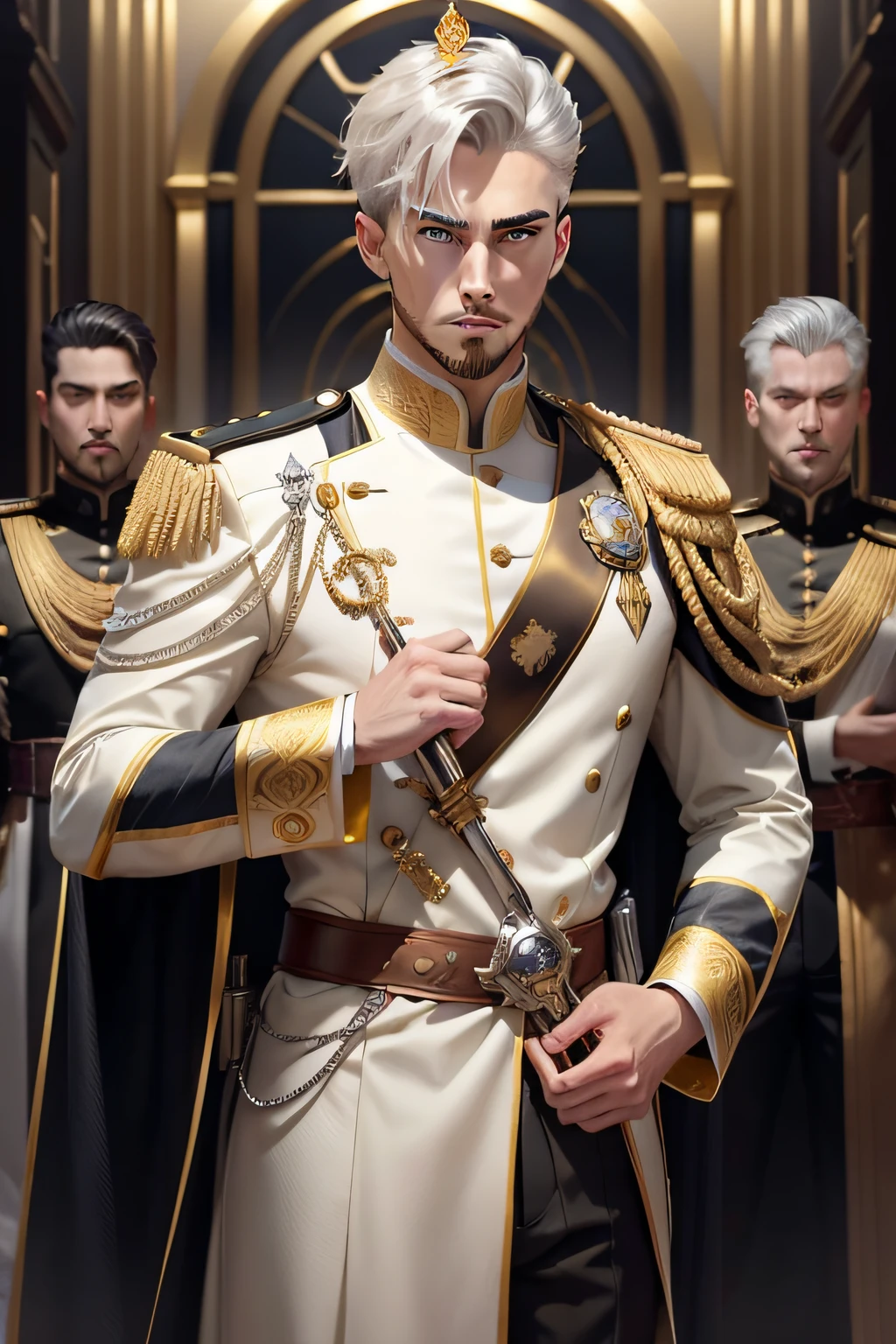 young man of 25, tall, broad-shouldered, and powerful in appearance with his golden eyes and a short silver hair and silver goatee, authoritative, wears a gold crown.  He wears a white and gold military suit and wore his steel and gold sword, owns large amounts of gold