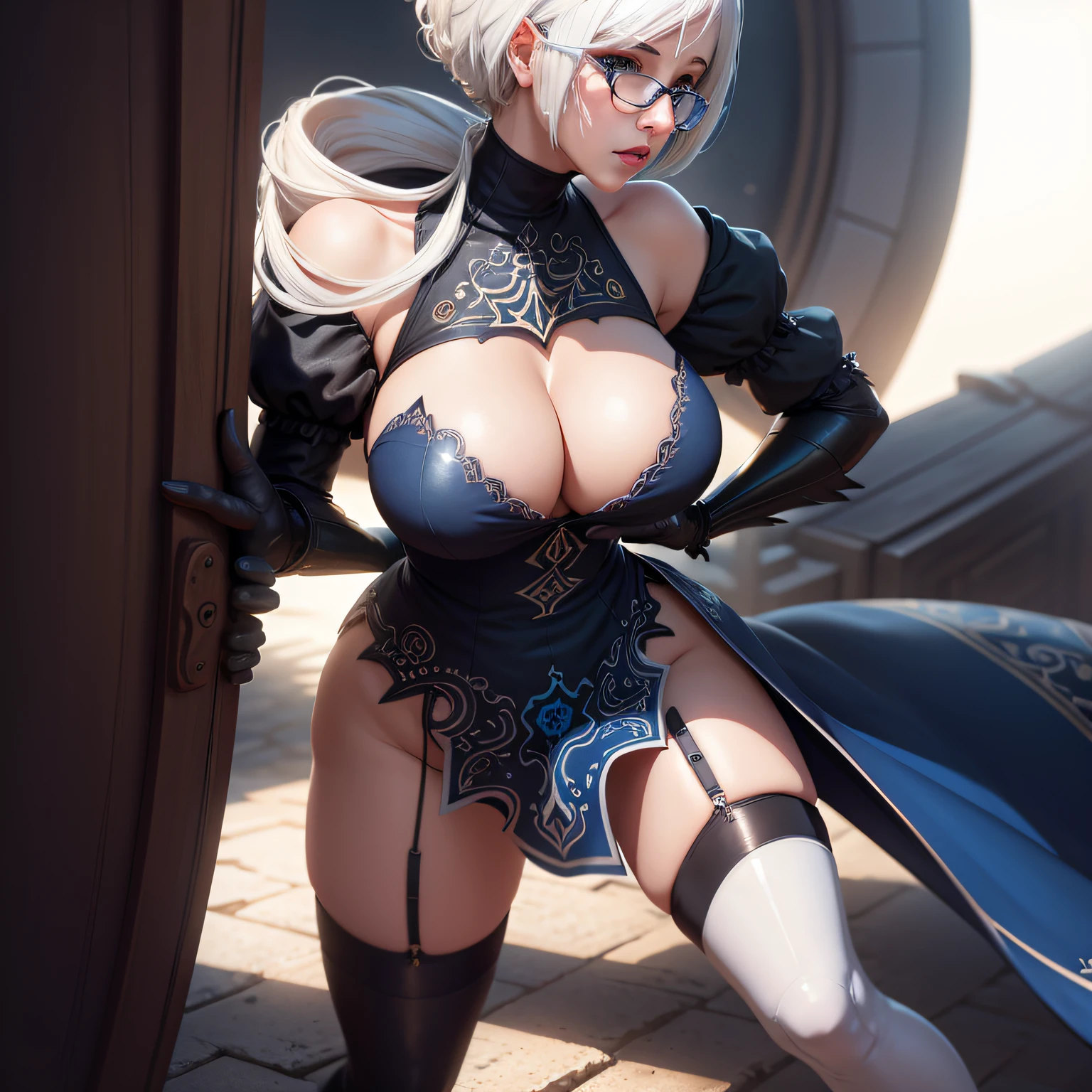 (Detailed face and eyes:1.3),
n_2b,White background,inky,Blue eyes,Black-rimmed glasses,cleavage of the breast,Big breasts,
ultra-detailliert,(hight resolution:1.1),Best Quality,(masutepiece:1.3),Cinematic lighting,