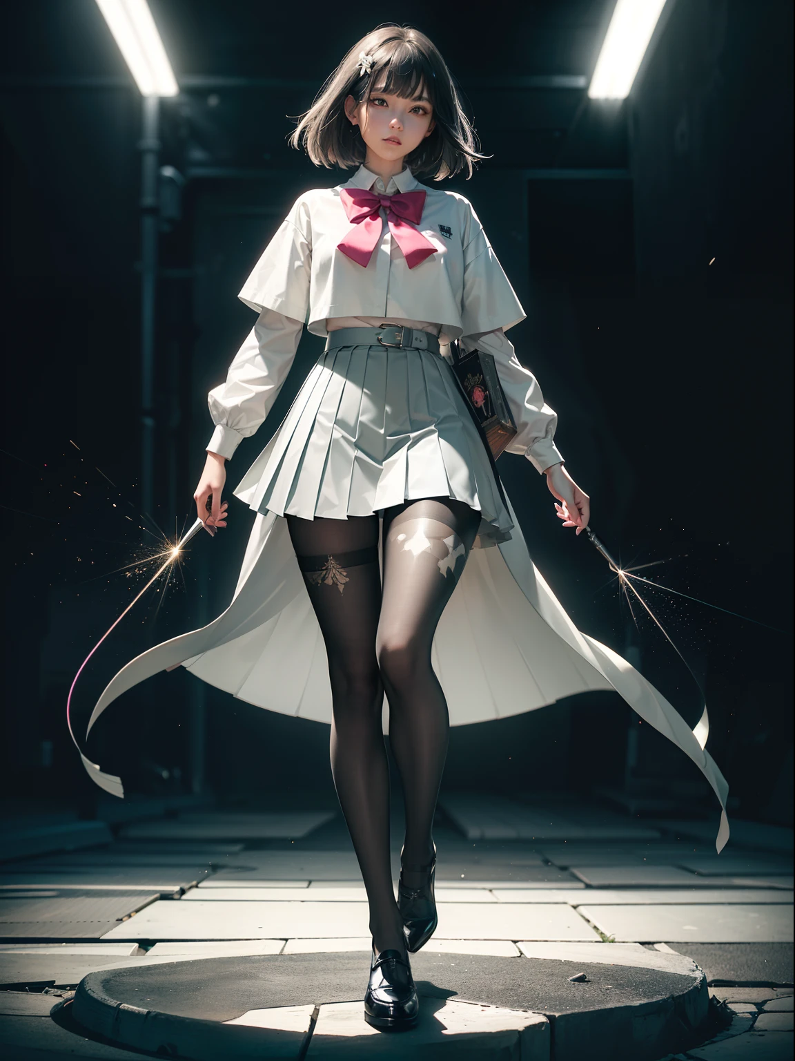 (full body:1.5),(1girl:1.3),(looking at viewer:1.4),(anatomy correct:1.3),(In the paradise of the day:1.3),(Wearing Very thick Printed Pantyhose and Witch Set JK uniform printed Ultra short pleated skirt and JK uniform leather shoes with bow decoration :1.3), (Light particle effect:1.3),(In pink|amarelo|blue colors|green color|red colour|white colors|black in color|purpleish color|greys|Beige|Flesh color 1.4),(Glowing eyes:1.3),(Accurate and perfect face:1.4),(Clothing Gloss:1.25),(Skin reflection:1.25),hyper HD, Ray traching, reflective light,structurally correct, Award-Awarded, high detal, lightand shade contrast, Face lighting,cinmatic lighting, tmasterpiece, super detailing, high high quality, high detal, best qualityer, 16k,high contrast,