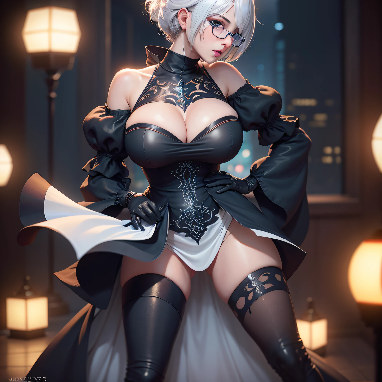 (Detailed face and eyes:1.3),
n_2b,White background,inky,Blue eyes,Black-rimmed glasses,cleavage of the breast,Big breasts,
ultra-detailliert,(hight resolution:1.1),Best Quality,(masutepiece:1.3),Cinematic lighting,