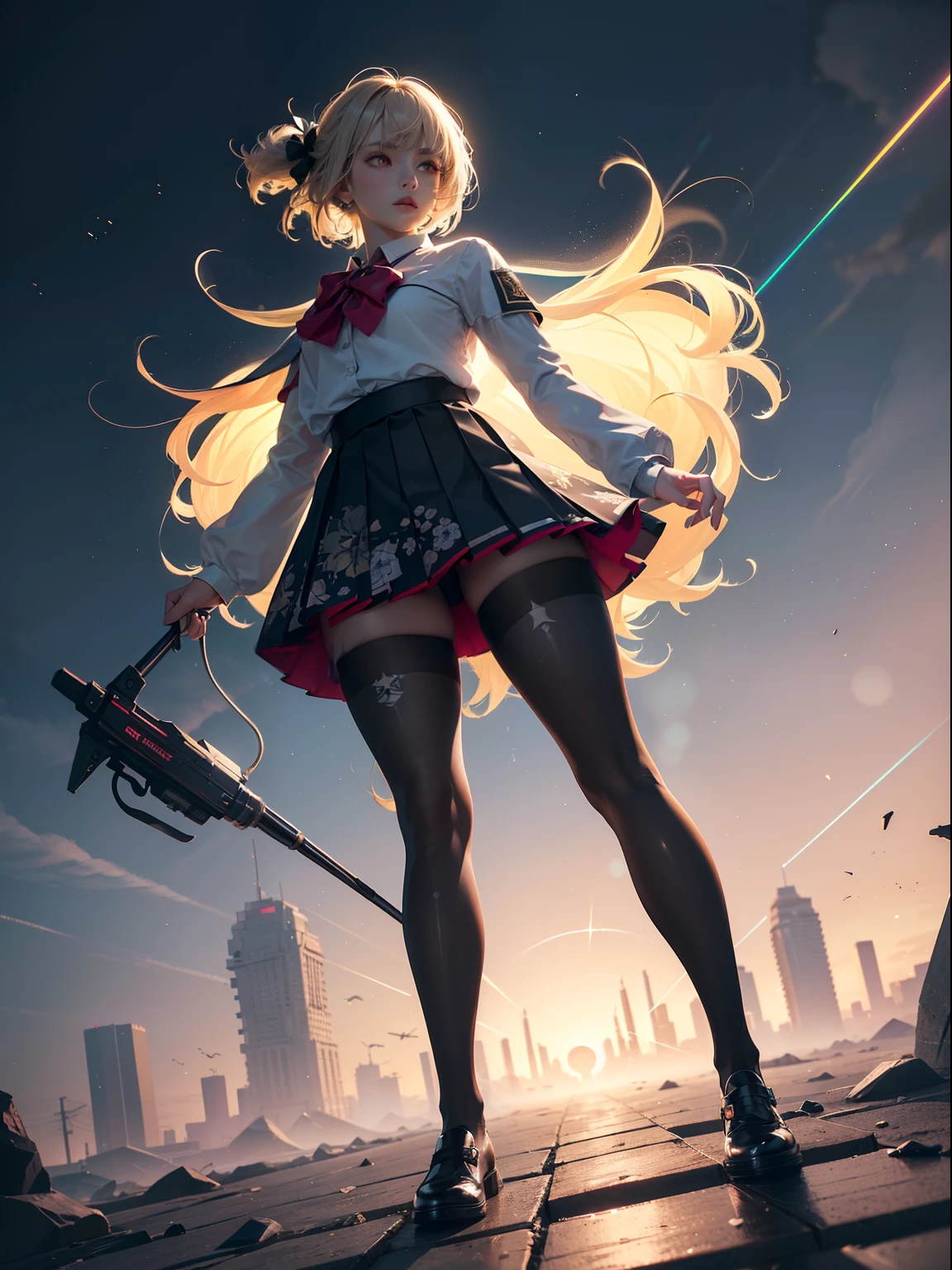 (full body:1.5),(1girl:1.3),(looking at viewer:1.4),(anatomy correct:1.3),(In the paradise of the day:1.3),(Wearing Very thick Printed Pantyhose and Witch Set JK uniform printed Ultra short pleated skirt and JK uniform leather shoes with bow decoration :1.3), (Light particle effect:1.3),(In pink|amarelo|blue colors|green color|red colour|white colors|black in color|purpleish color|greys|Beige|Flesh color 1.4),(Glowing eyes:1.3),(Accurate and perfect face:1.4),(Clothing Gloss:1.25),(Skin reflection:1.25),hyper HD, Ray traching, reflective light,structurally correct, Award-Awarded, high detal, lightand shade contrast, Face lighting,cinmatic lighting, tmasterpiece, super detailing, high high quality, high detal, best qualityer, 16k,high contrast,