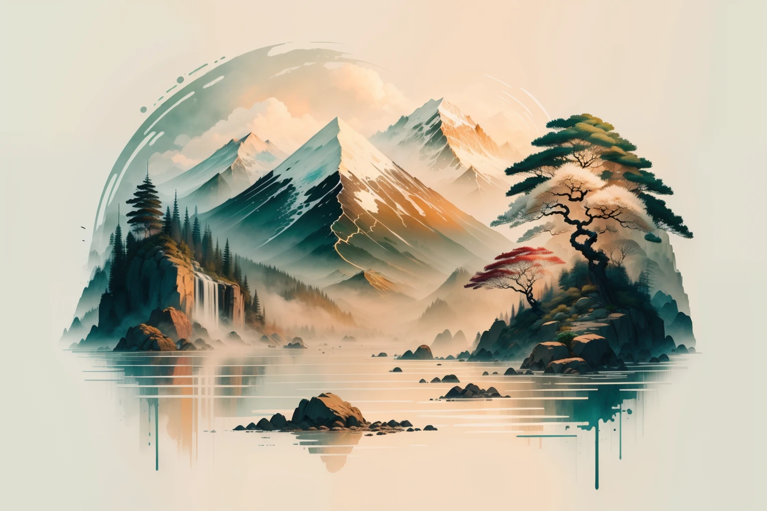 mont,Eau,the trees,chinese paintings,Large-scale ink rendering,